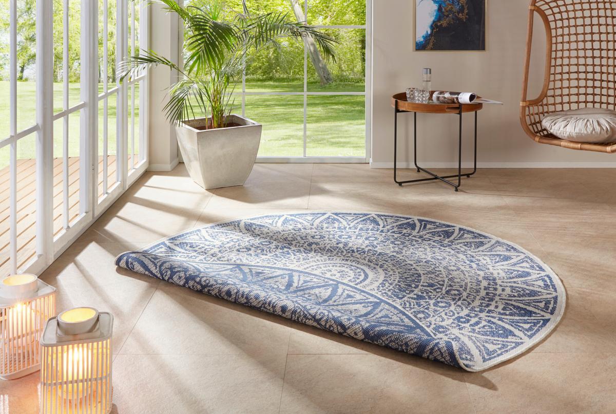 Flachwebeteppich Lilja Blau Ø ca. 240cm - Blau/Creme, Design, Kunststoff (240cm)