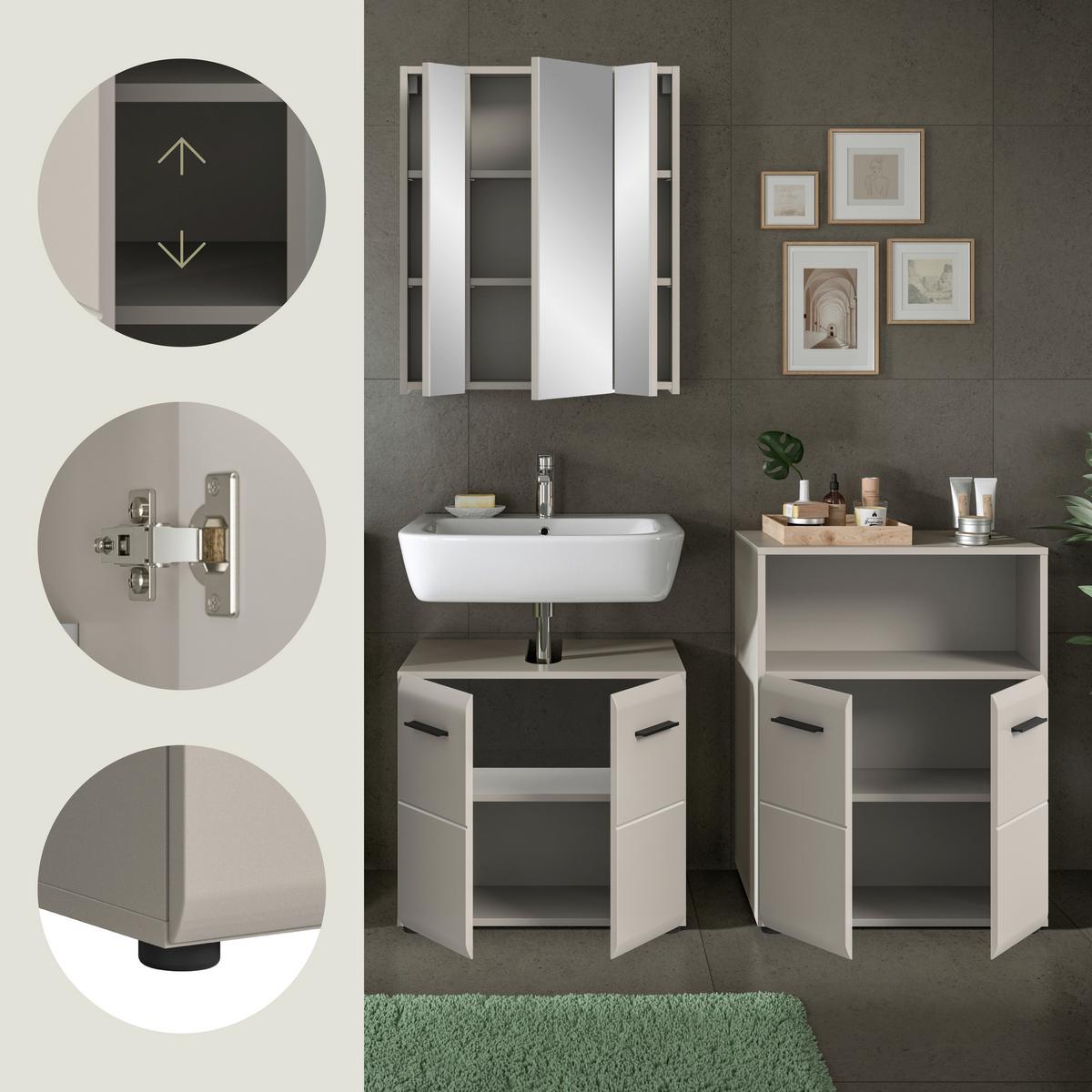 Badezimmer Ice Kaschmir 3-teilig - Kaschmir/Schwarz, Trend, Glas/Holzwerkstoff (120cm) - MID.YOU