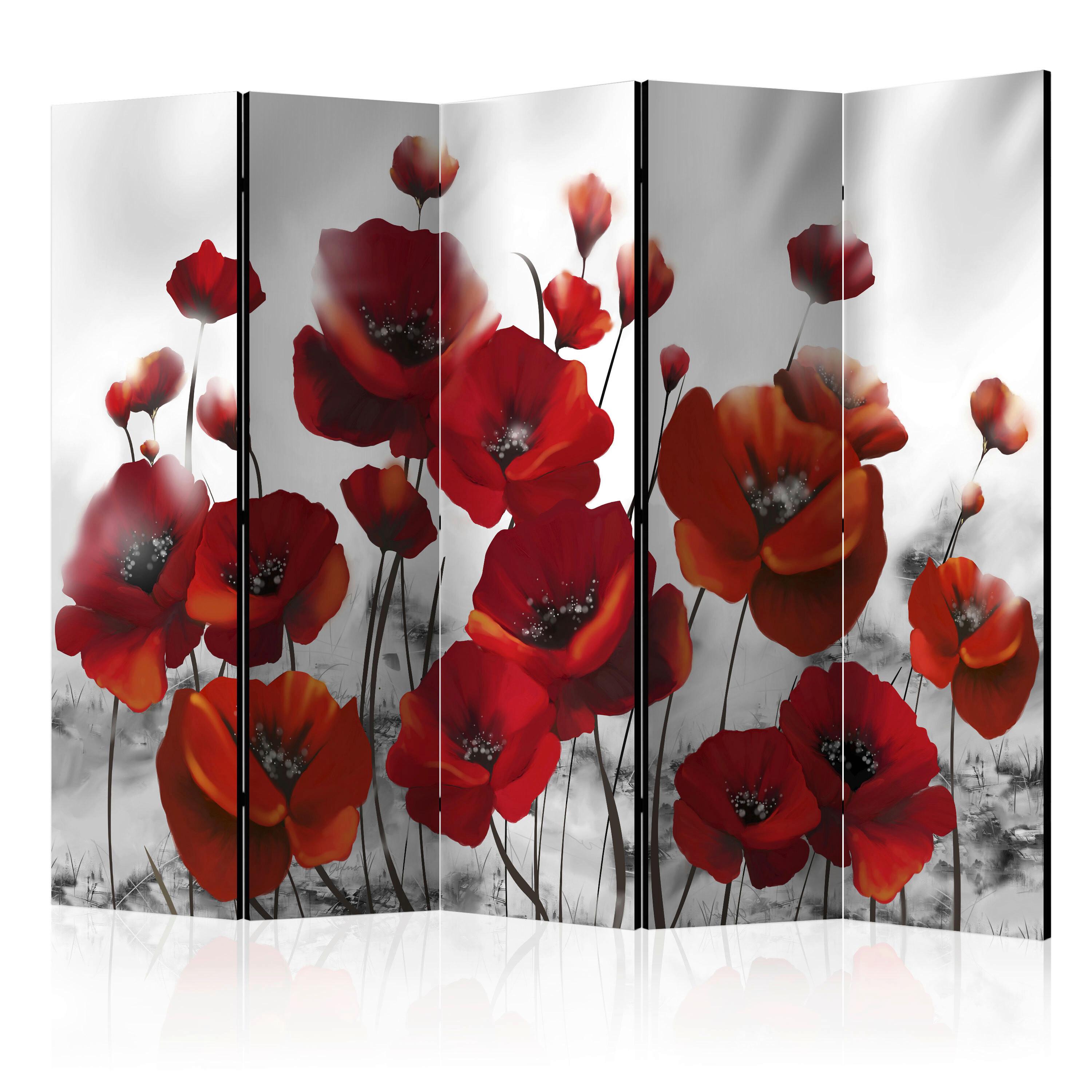 Paravan Poppies I, 5-Delni, Dvostranski - rdeča/svetlo siva, Basics, tekstil/les (225/172/3cm) - artgeist
