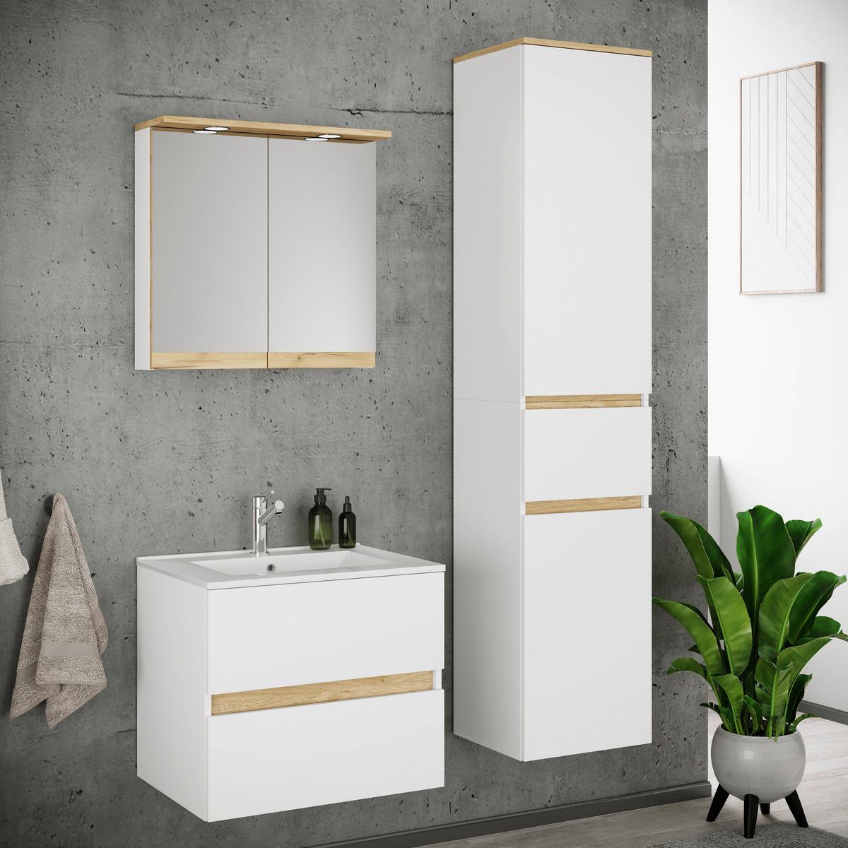 Badezimmer Cosila - Honigeiche/Weiss, Trend, Keramik/Holzwerkstoff (101cm) - MID.YOU