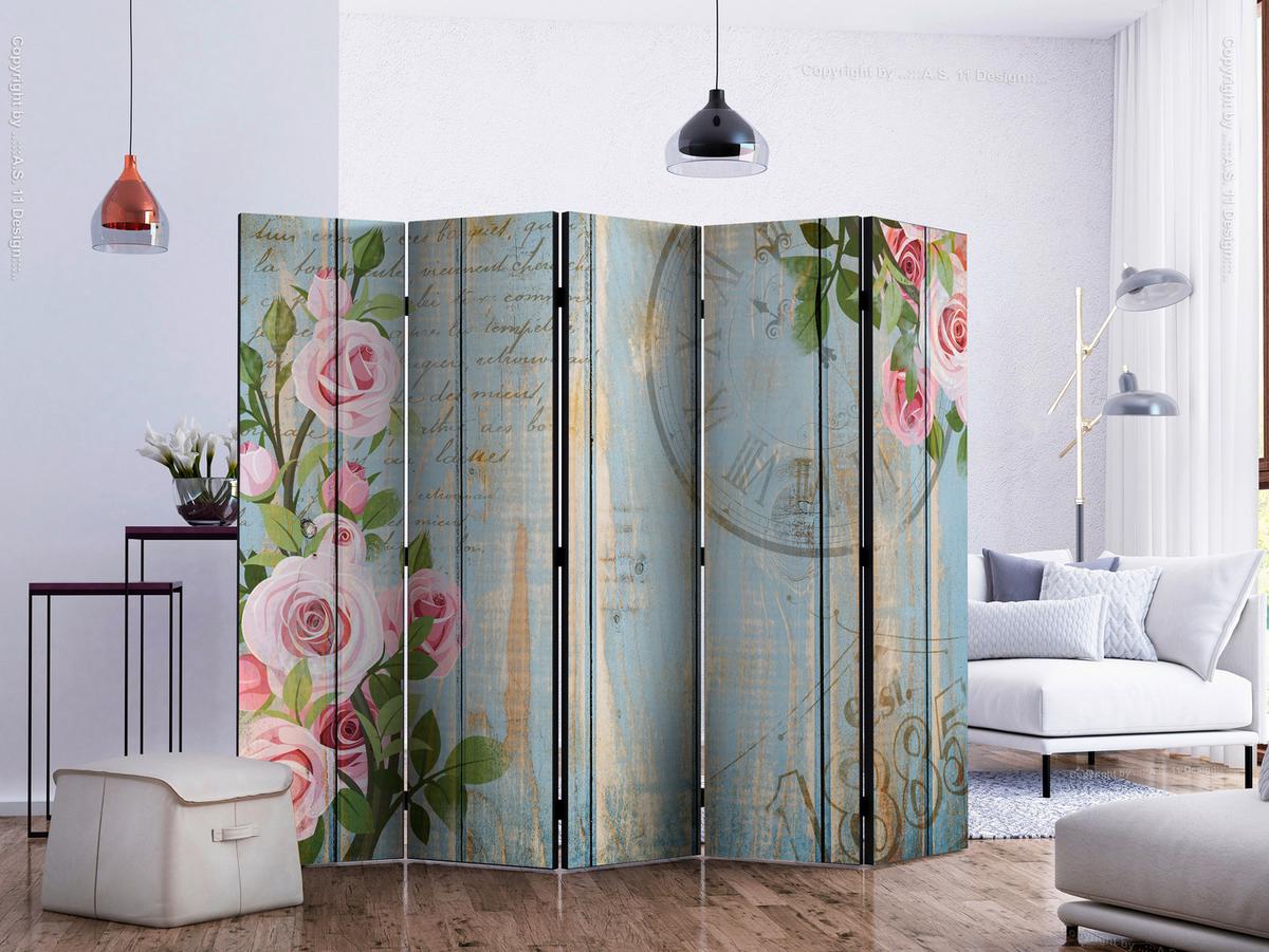 Paravan Vintage Garden Blue I, 5-Delni, Dvostranski - pink/pastelno modra, Basics, tekstil/les (225/172/3cm) - artgeist