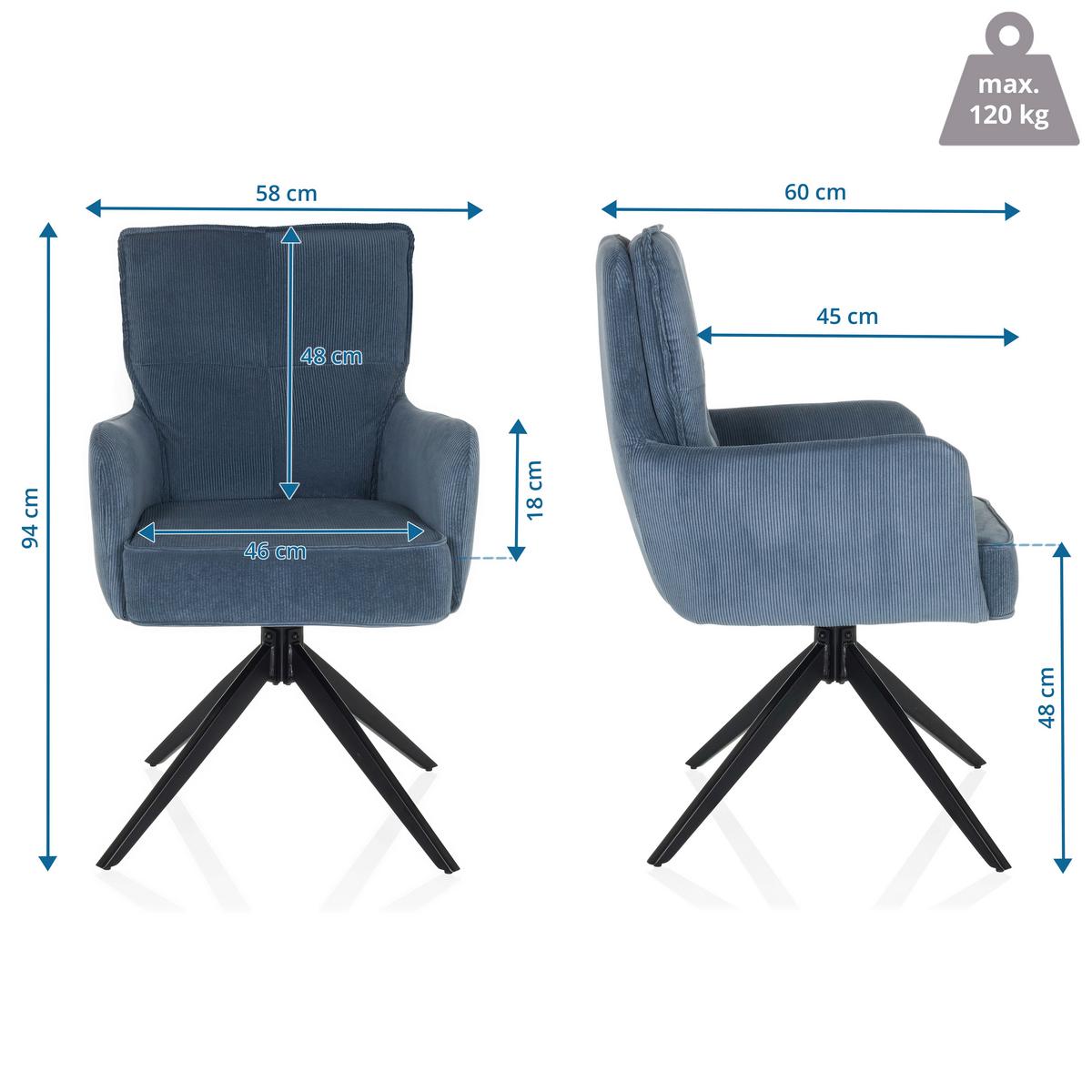 Naslanjač Tarugo, Modra - modra/črna, Moderno, kovina/tekstil (58/94/60cm) - MID.YOU