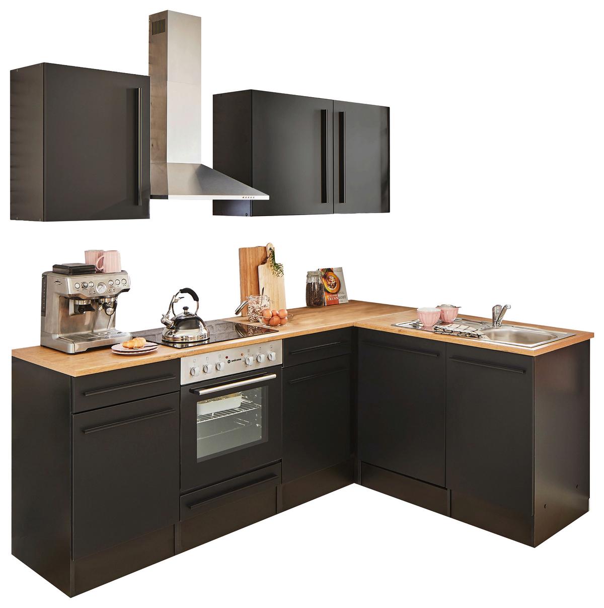 Eckküche Jazz mit Geräten ca.220x175cm Schwarz - Eichefarben/Schwarz, LIFESTYLE, Holzwerkstoff/Kunststoff (220/175/60/60cm) - P & B