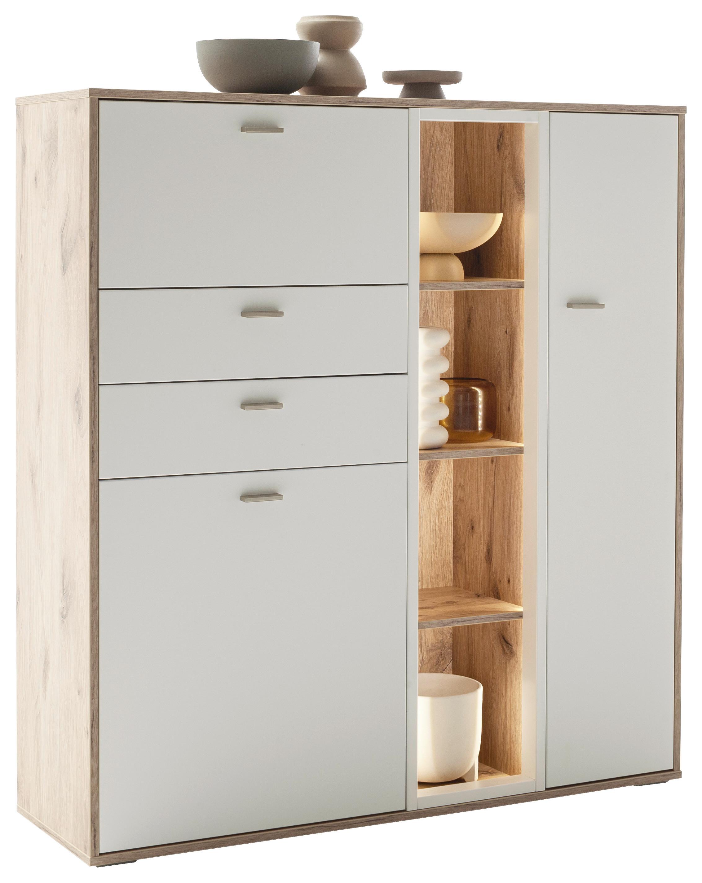 Highboard Santerno Weiß/Eichefarben - Weiss/Eichefarben, Konventionell, Holzwerkstoff/Metall (124/133/37cm) - Mömax