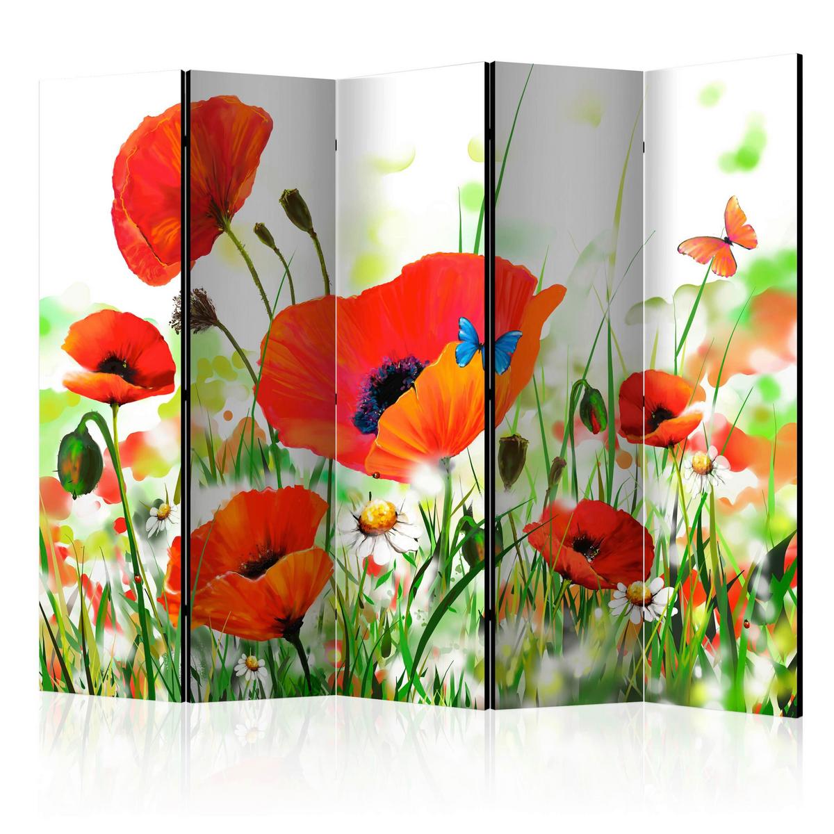 Paravan Country Poppies I, Dvostranski, 5-Delni - rdeča/zelena, Basics, tekstil/les (225/172/3cm) - artgeist