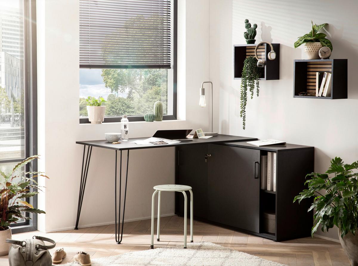 Eckschreibtisch Ekko Schwarz - Schwarz, MODERN, Holzwerkstoff/Metall (145/129,5/73,8cm) - MID.YOU