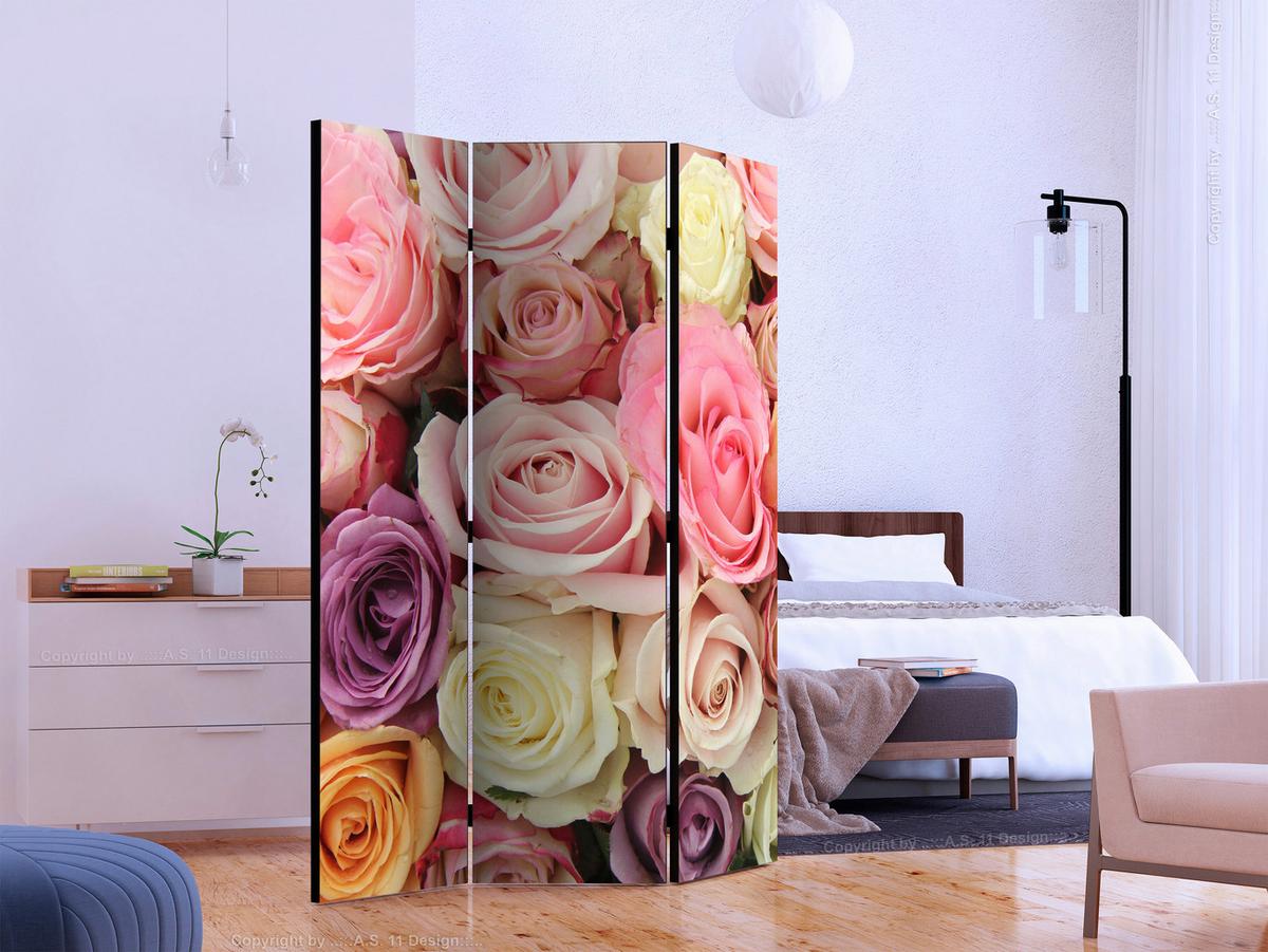Paravan Pastel Roses, 3-Delni, Dvostranski - vijolična/svetlo roza, Basics, tekstil/les (135/172/3cm) - artgeist