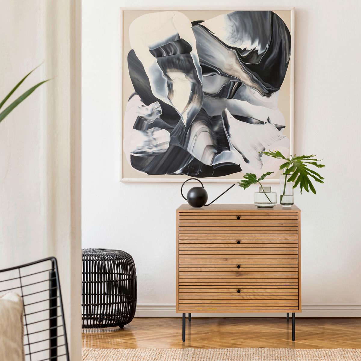 Komoda Linno, Barva Hrasta - črna/barve hrasta, Moderno, kovina/leseni material (80/85/40cm) - MID.YOU