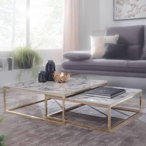 Couchtisch Marmoroptik ca. 75x75x27 cm Gestell Gold - Goldfarben/Weiß, KONVENTIONELL, Holzwerkstoff/Metall (75/75/27cm) - MID.YOU
