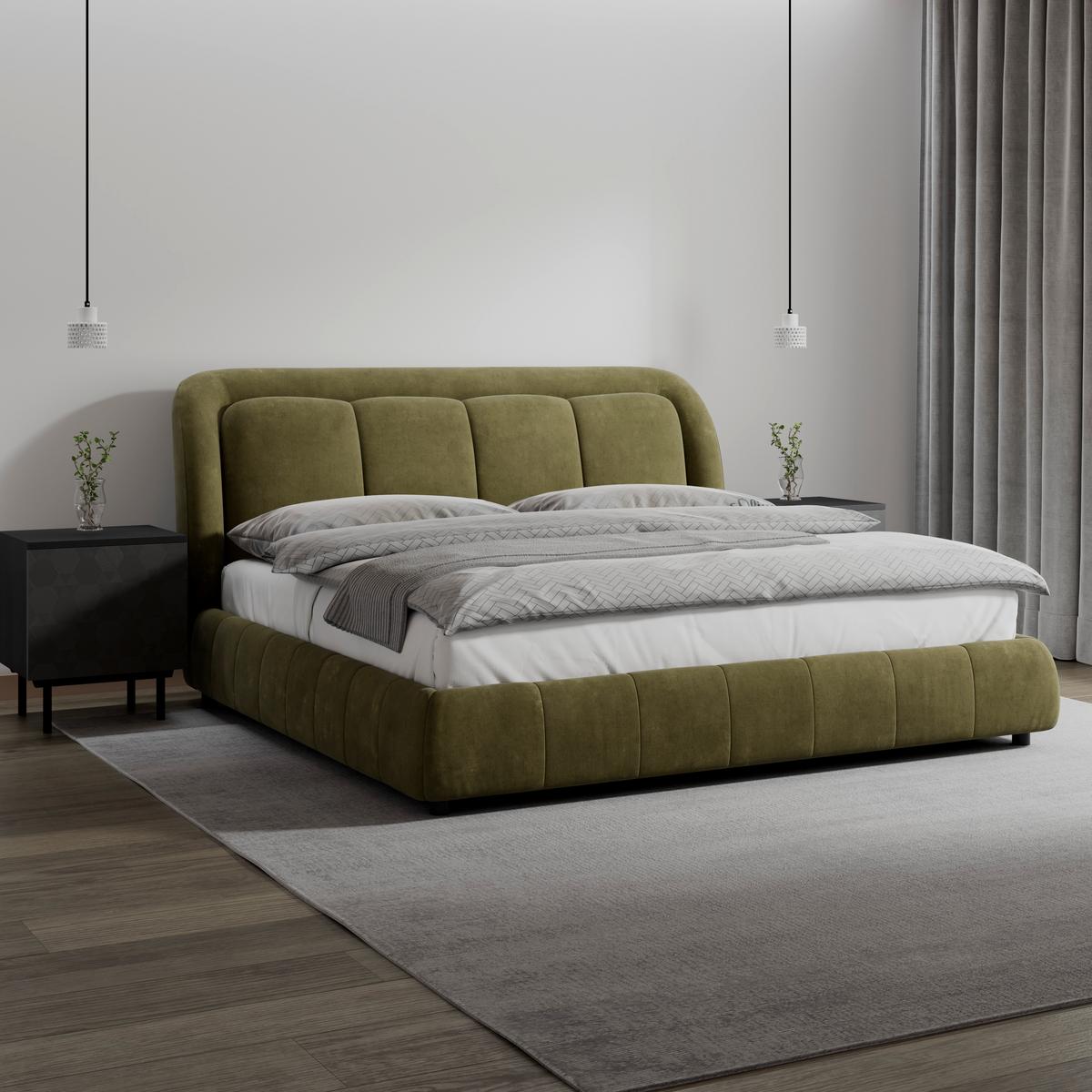 Polsterbett Anton Olive ca. 180x200 cm - Dunkelgrün/Schwarz, Modern, Holz/Textil (180/200cm) - Bessagi Home