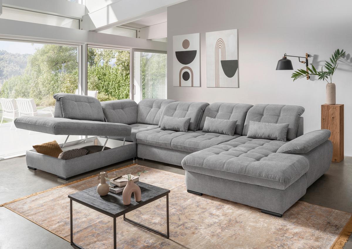 Wohnlandschaft Rigatti Silber Chenille mit Bettkasten - Silberfarben/Schwarz, MODERN, Textil/Metall (252/387/184cm) - Livetastic