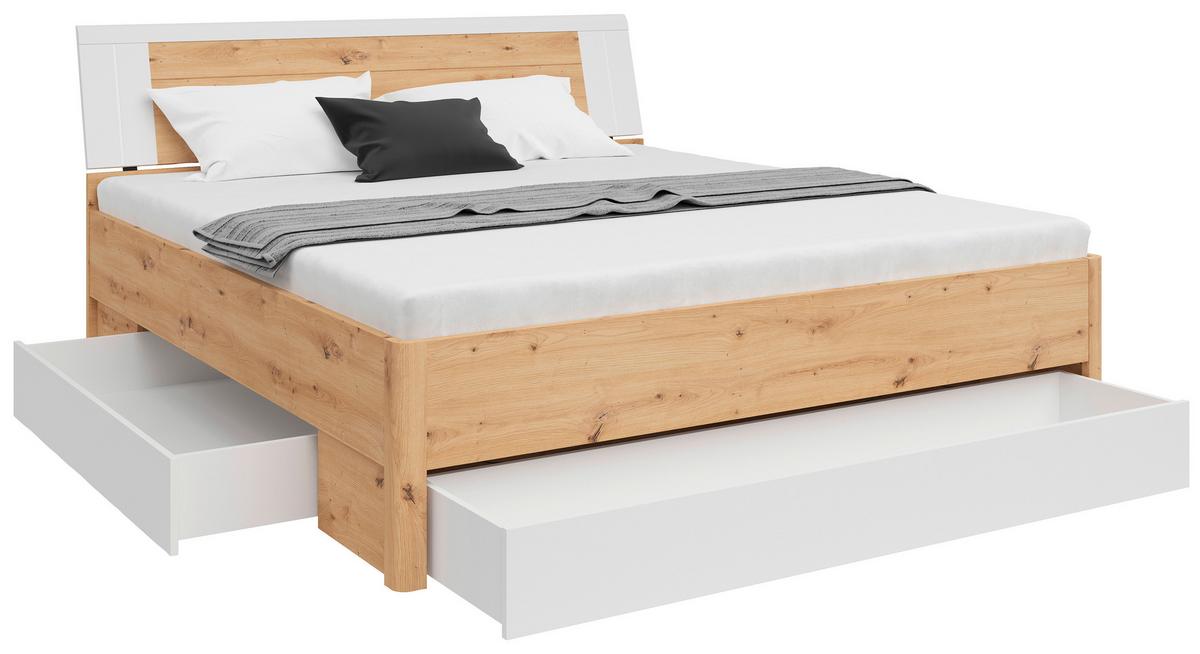 Stauraumbett in Weiß/Eiche Artisan - Eiche Artisan/Weiß, KONVENTIONELL, Holzwerkstoff (180/200cm) - Mömax