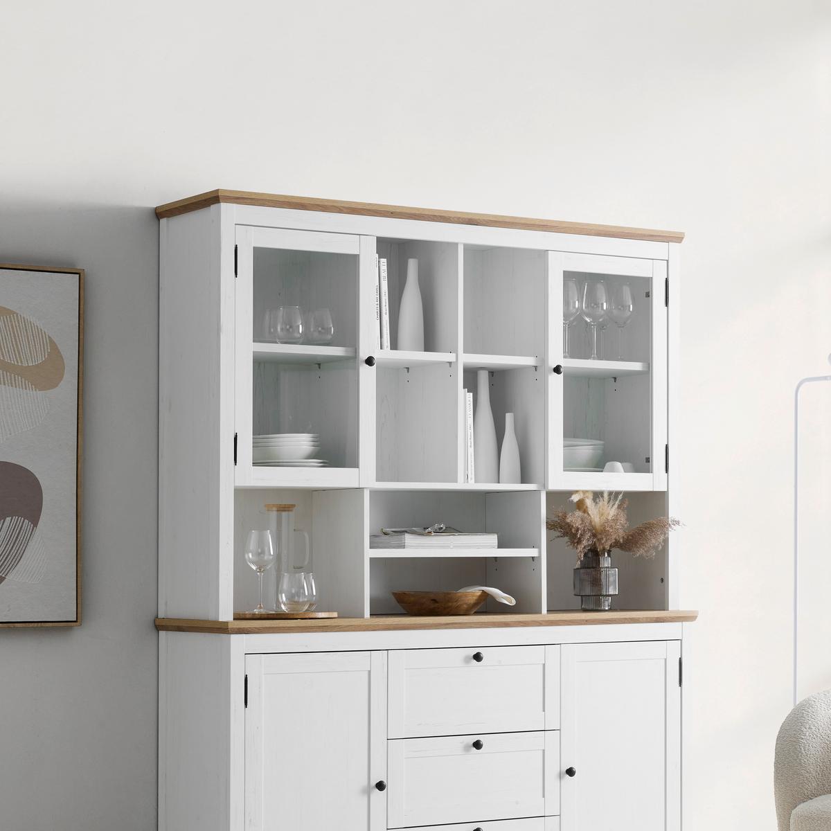 Buffetaufsatz Korsika Eichefarben/Weiß - Eichefarben/Schwarz, ROMANTIK / LANDHAUS, Glas/Holzwerkstoff (150/110/37cm) - Mömax