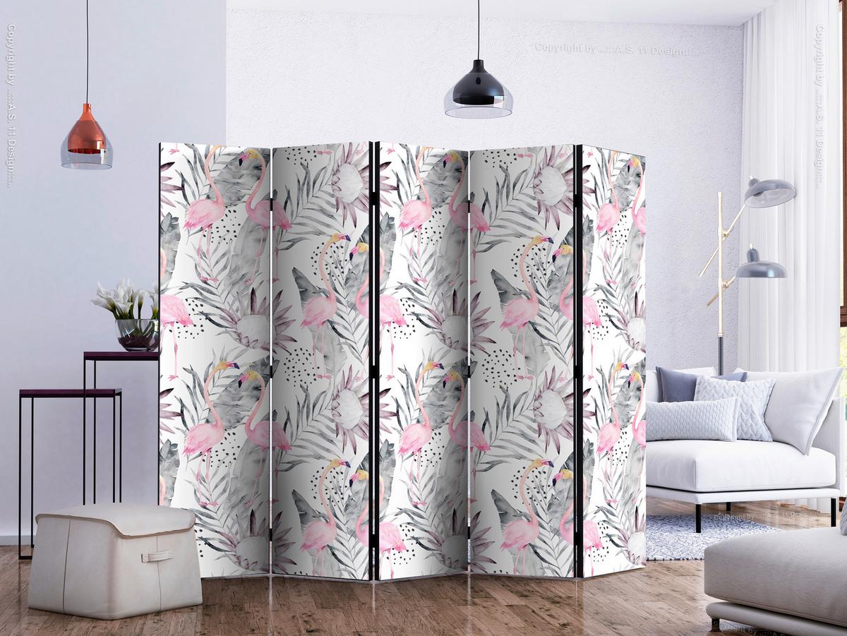 Paravan Flamingos And Twigs I, 5-Delni, Dvostranski - bela/svetlo roza, Basics, tekstil/les (225/172/3cm) - artgeist