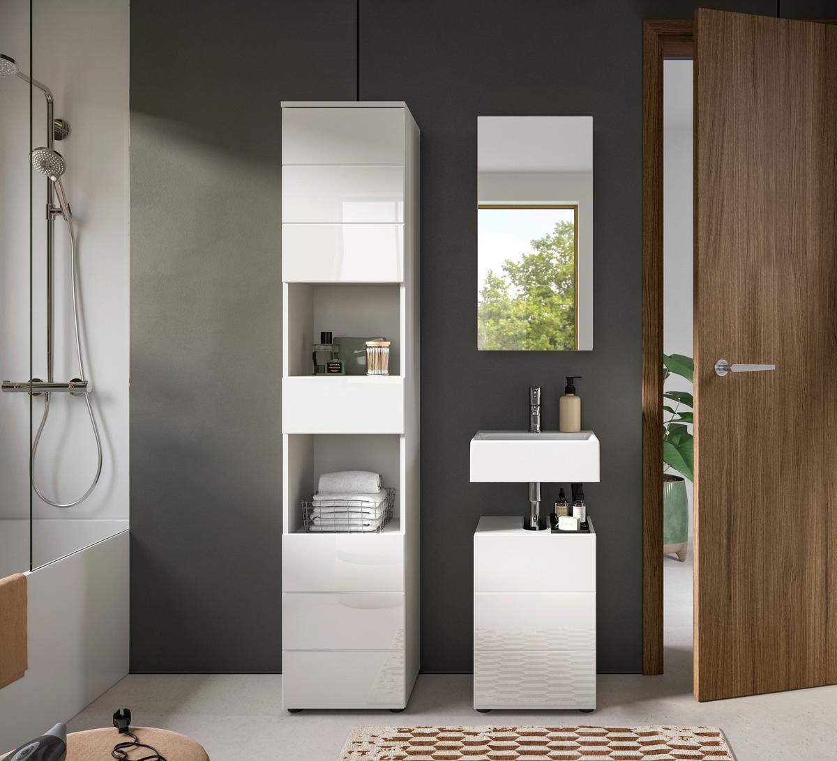 Badezimmer Vira 3-tlg. mit LED ca. 76 cm Weiß - Weiß Hochglanz/Schwarz, MODERN, Holzwerkstoff/Kunststoff (76cm) - MID.YOU
