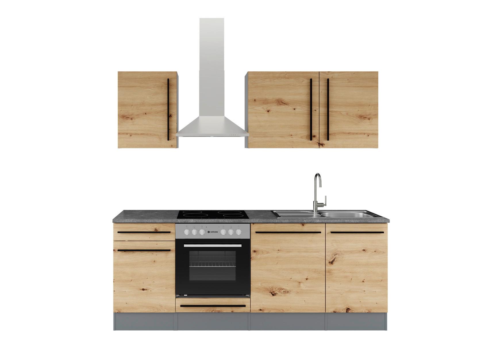 Küchenblock Jazz mit Geräten ca.220cm Eiche/Anthrazit - Anthrazit/Schwarz, LIFESTYLE, Holzwerkstoff/Kunststoff (220cm) - P & B
