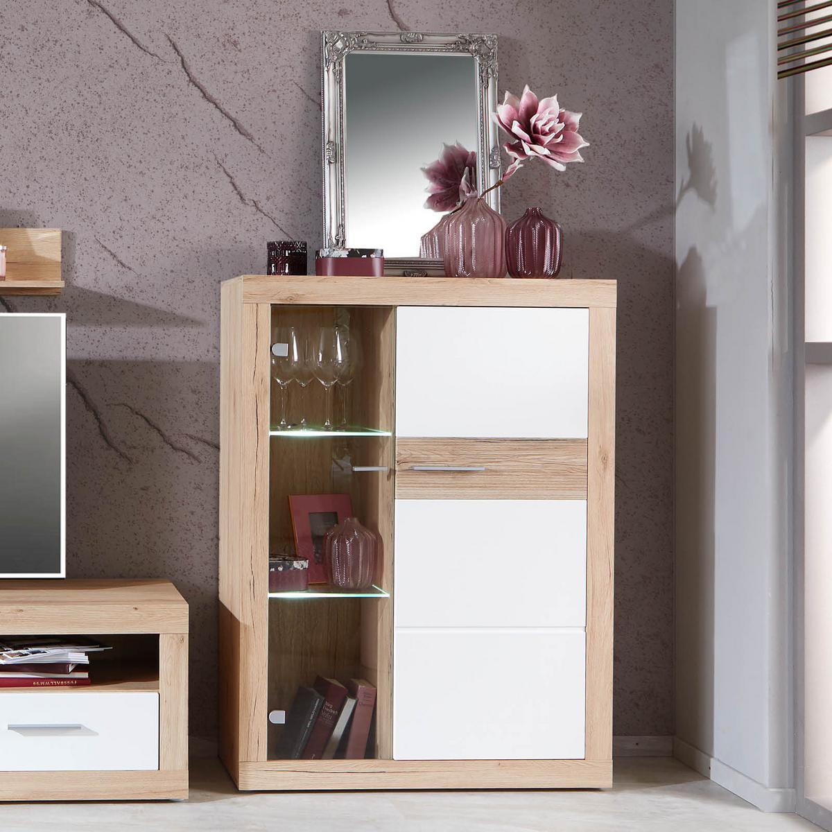 Vitrină Malta - alb/culoare lemn stejar, Modern, material pe bază de lemn (96/132/35cm) - Modern Living