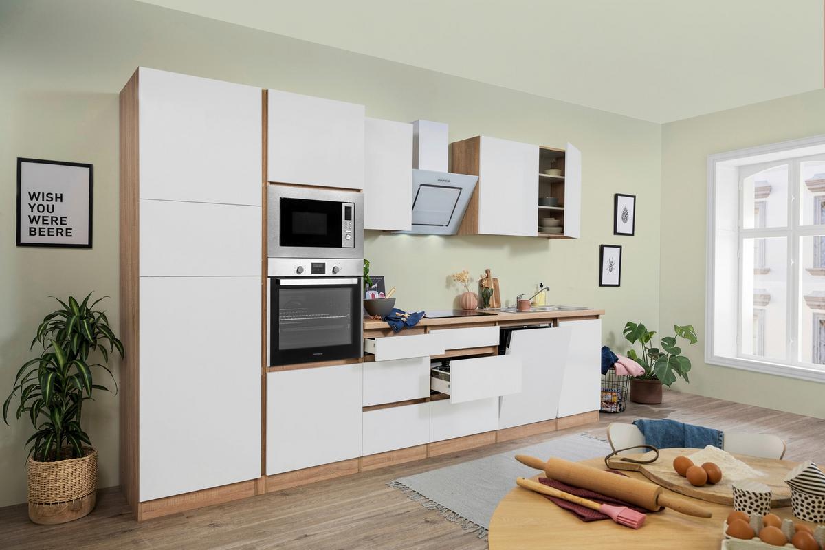 Küchenblock Lorena mit Geräten ca. 345 cm Weiß - Eichefarben/Weiß, Basics, Holzwerkstoff (345cm) - Respekta