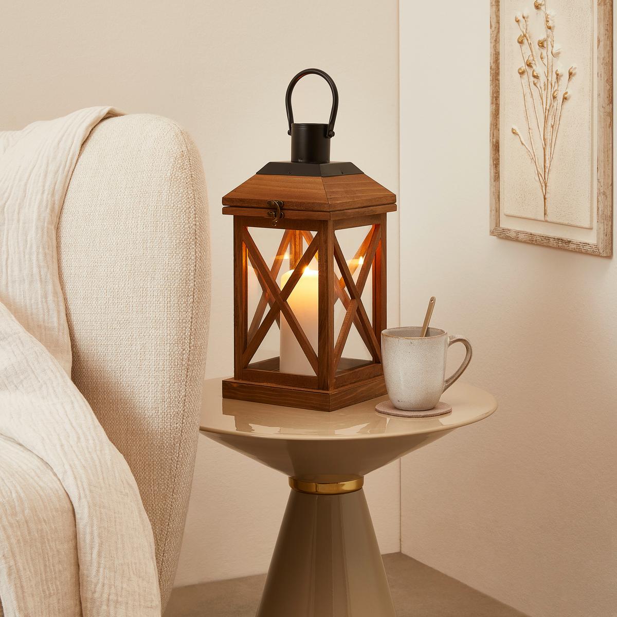 LATARNIA ML-3695S - czarny/brązowy, Lifestyle, metal/drewno (17/36/17cm) - Ambia Home