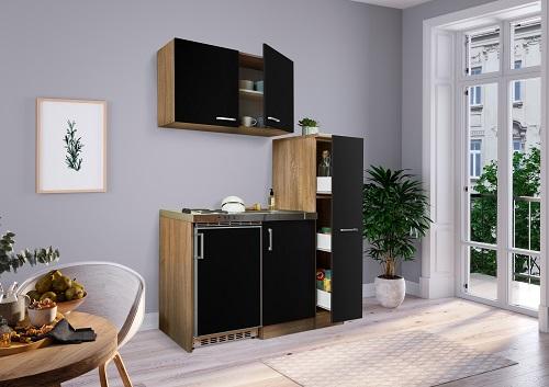 Miniküche Schwarz/Eiche m. Geräten B: ca. 130 cm - Edelstahlfarben/Eichefarben, MODERN, Holzwerkstoff (130cm) - Respekta