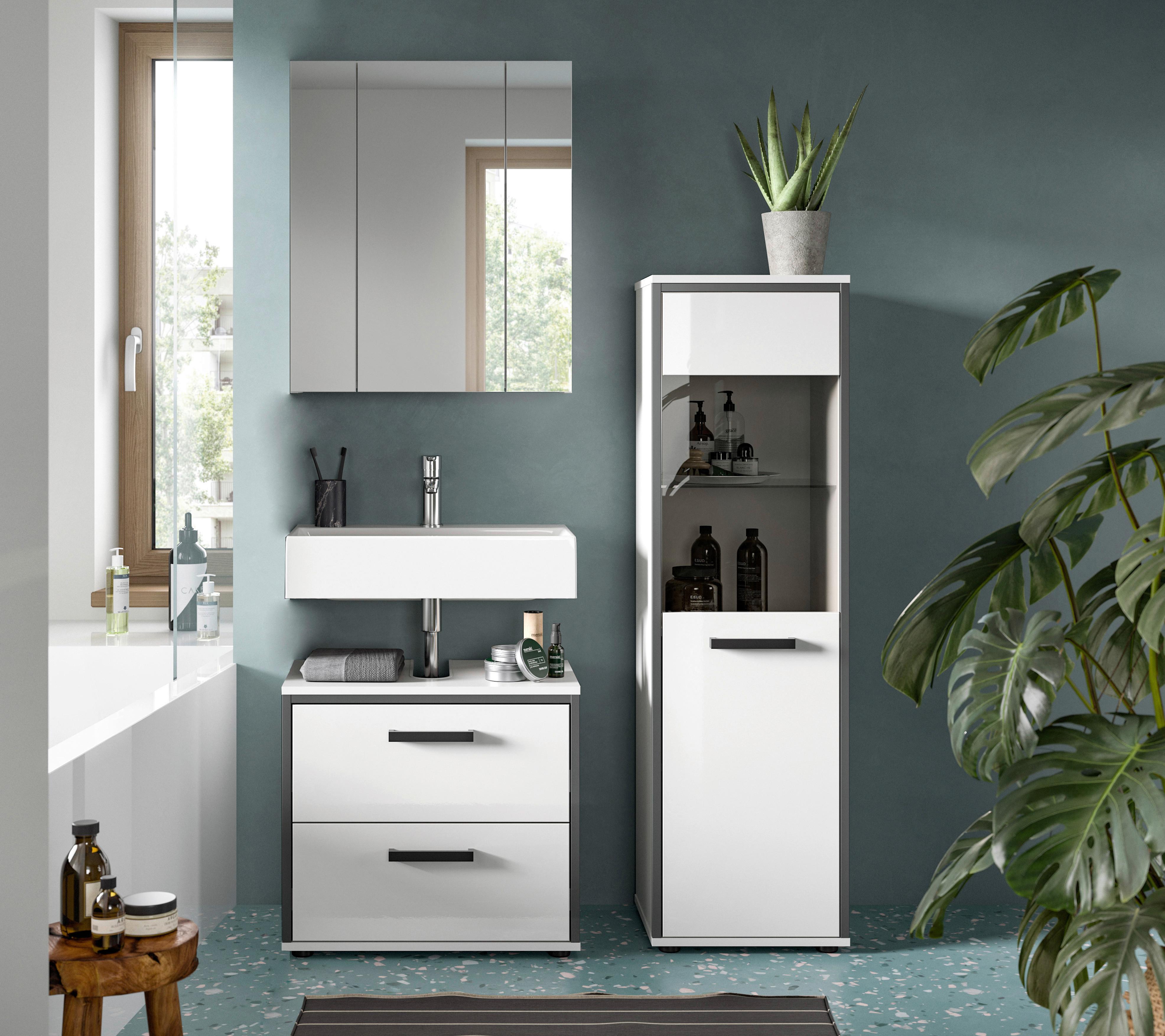 Badezimmer Kojak 3-tlg. Weiß/Anthrazit - Weiß Hochglanz/Schwarz, MODERN, Holzwerkstoff/Kunststoff (100cm) - MID.YOU