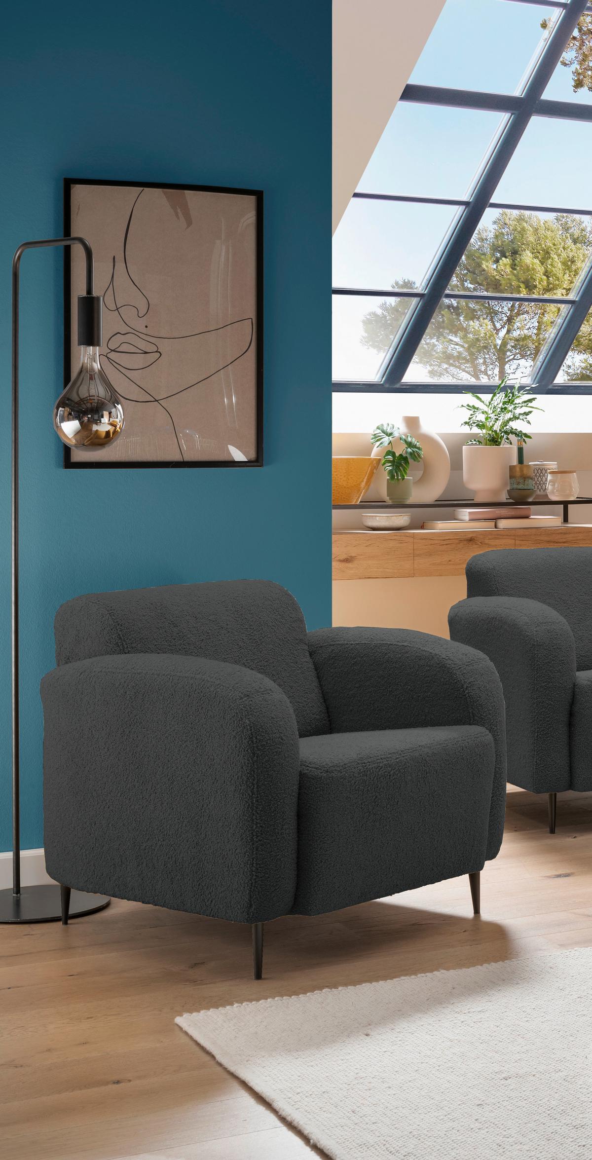 Sessel Marone Anthrazit Teddystoff - Anthrazit/Schwarz, MODERN, Textil/Metall (85/76/90cm) - Livetastic