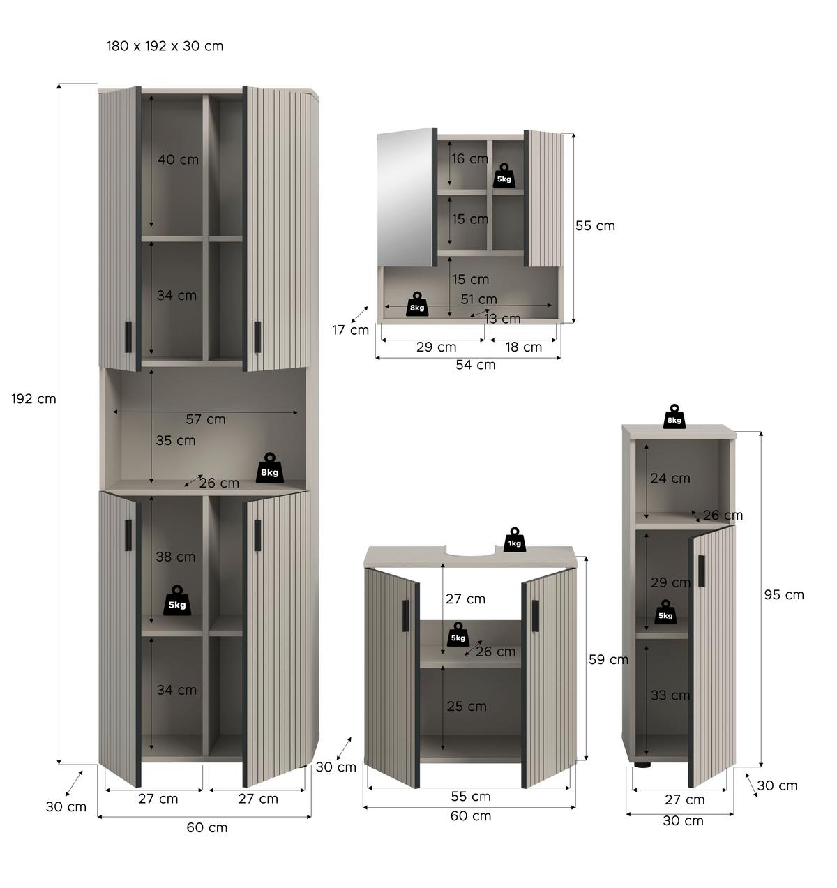 Badezimmer Mone Kaschmir 4-teilig - Kaschmir/Schwarz, Trend, Glas/Holzwerkstoff (150cm) - MID.YOU