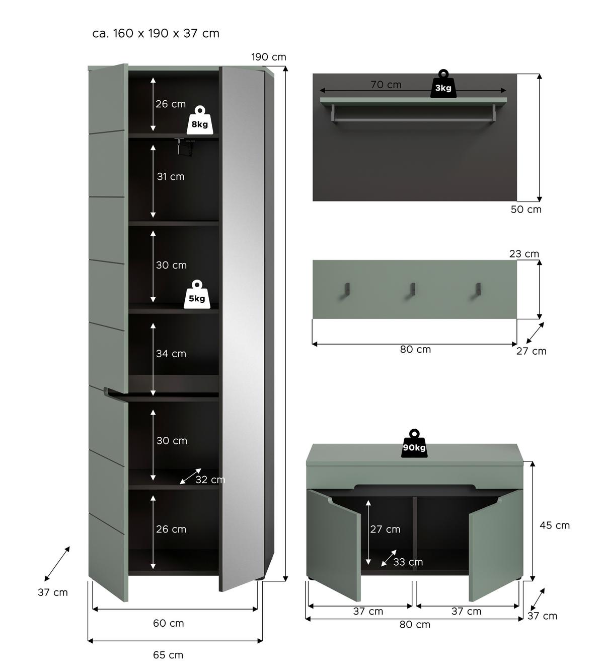 Predsoba Canu, Sivozelena, 3-Delna - siva/sivozelena, Design, leseni material (160/190/37cm) - Livetastic