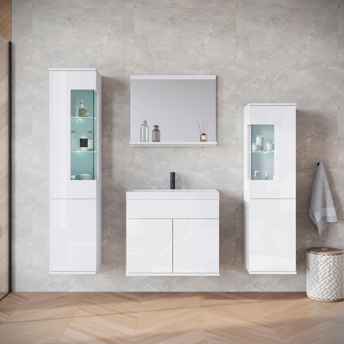 Badezimmer-Set Narobi 5-tlg. mit LED ca. 120 cm Weiß - Weiß Hochglanz/Weiß, Trend, Glas/Keramik (120,4cm) - P & B