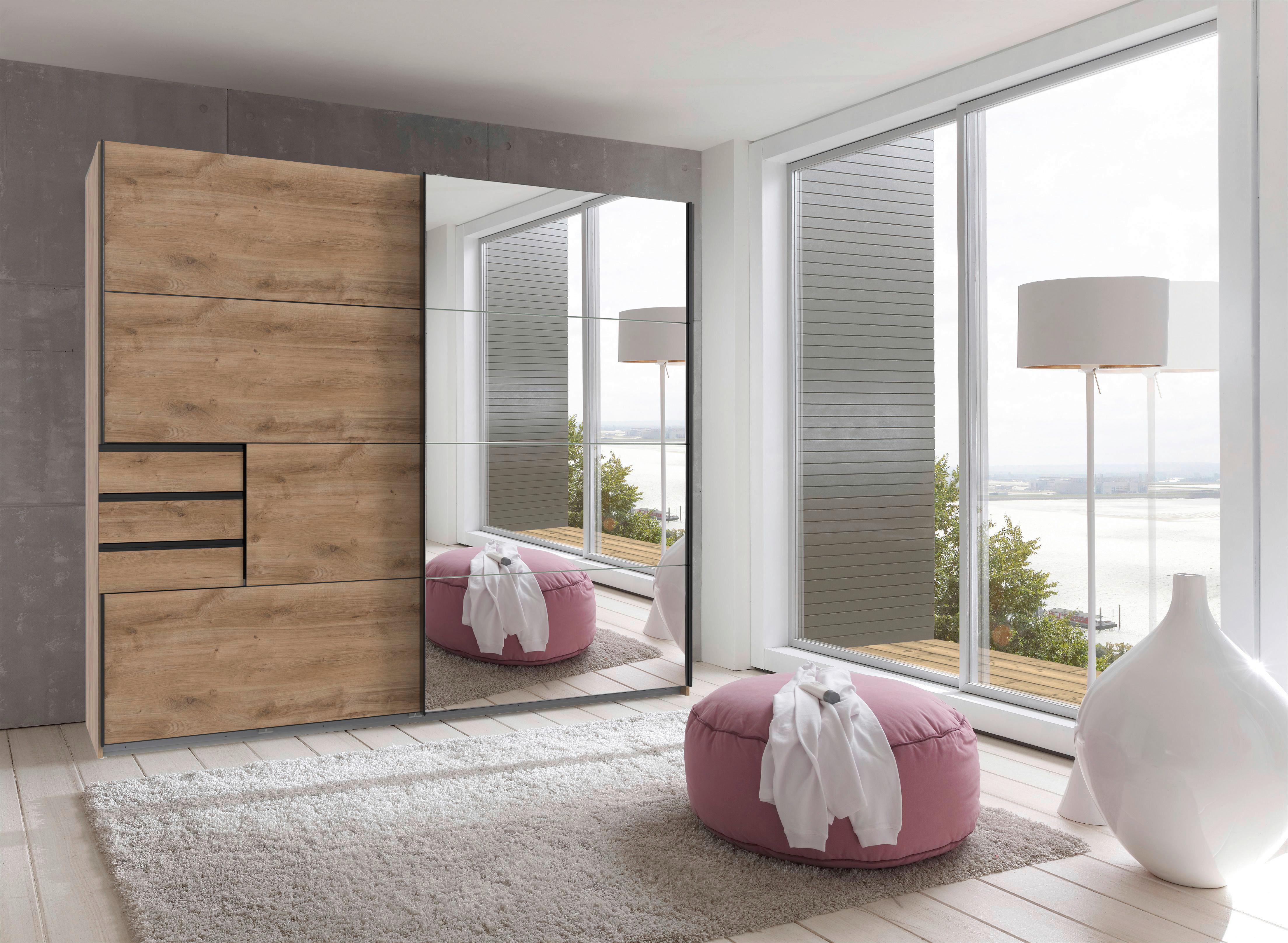 Schwebetürenschrank Saigon in Plankeneiche - Plankeneiche/Silberfarben, KONVENTIONELL, Glas/Holzwerkstoff (225/208/64cm) - Premium Living