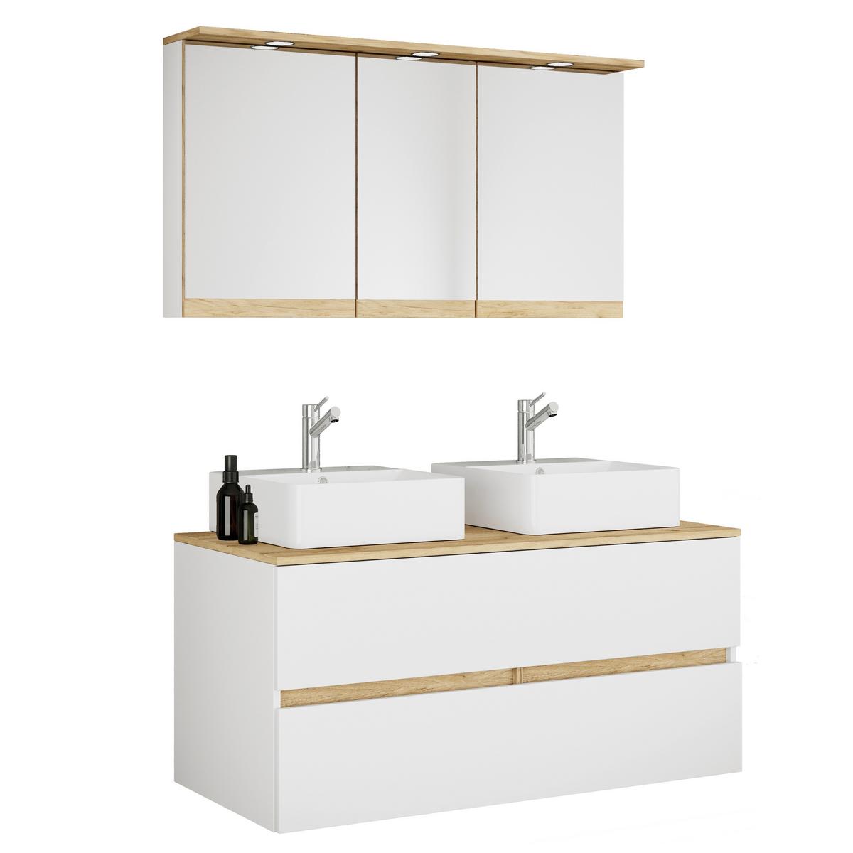 Badezimmer Cosila - Honigeiche/Weiss, Trend, Keramik/Holzwerkstoff (111cm) - MID.YOU