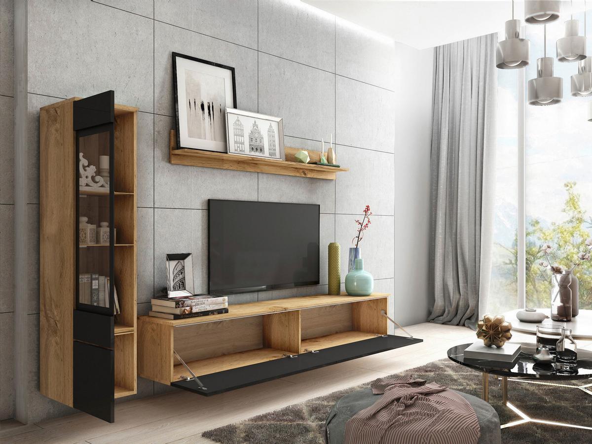 Dnevni Regal Vera, Barva Hrasta, Črna, 3-Delno, Led - hrast wotan/črna, Trendi, umetna masa/steklo (210/130/33cm) - P & B