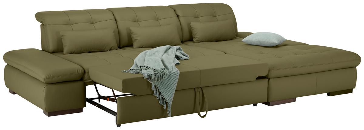 Wohnlandschaft Sanfino Leder Olivgrün - Chromfarben/Olivgrün, KONVENTIONELL, Leder/Metall (305/79-96/199cm) - Premium Living