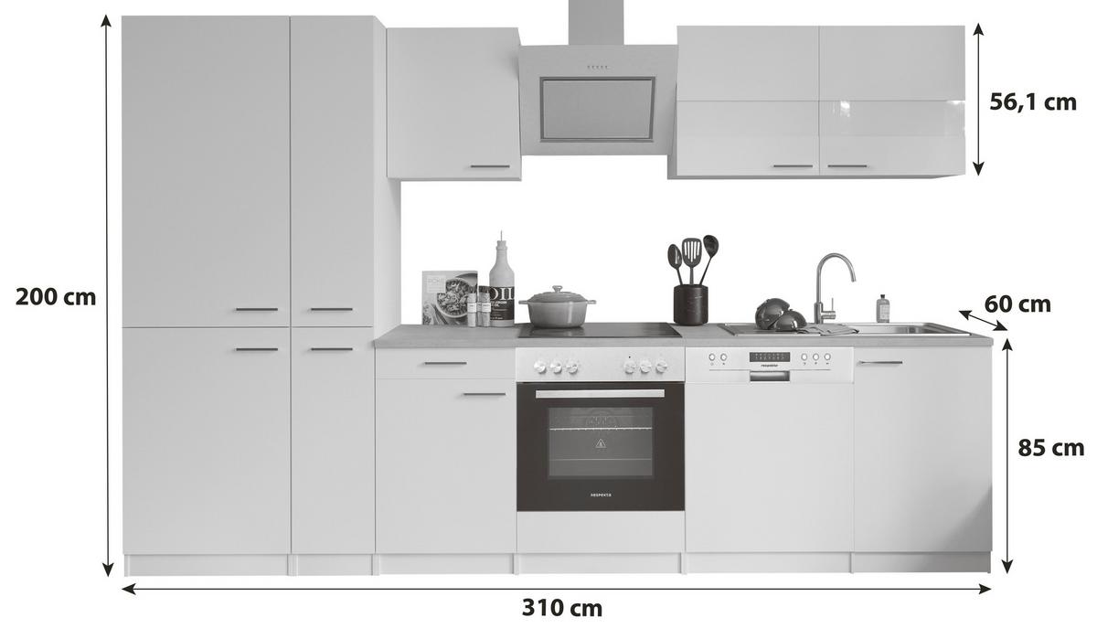 Küchenblock Malia mit Geräten ca. 310 cm Grau - Edelstahlfarben/Graphitfarben, Basics, Holzwerkstoff/Metall (310cm) - Respekta