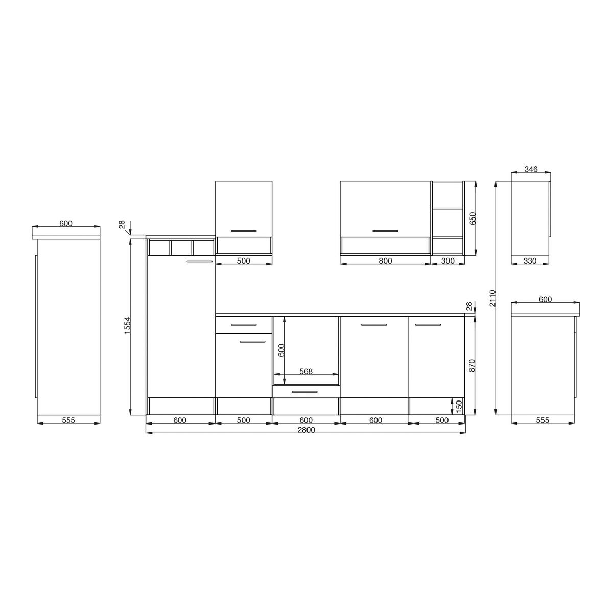Küchenzeile Economy o. Geräte Weiß/Wildeiche B: ca. 280 cm - Wildeiche/Silberfarben, Basics, Holzwerkstoff/Metall (280/205/60cm) - Respekta