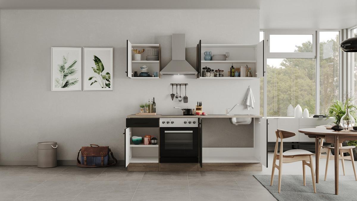 Kuhinjski Blok Capri, Črna, Hrast - črna/barve hrasta, Moderno, kovina/leseni material (210cm) - FlexWell