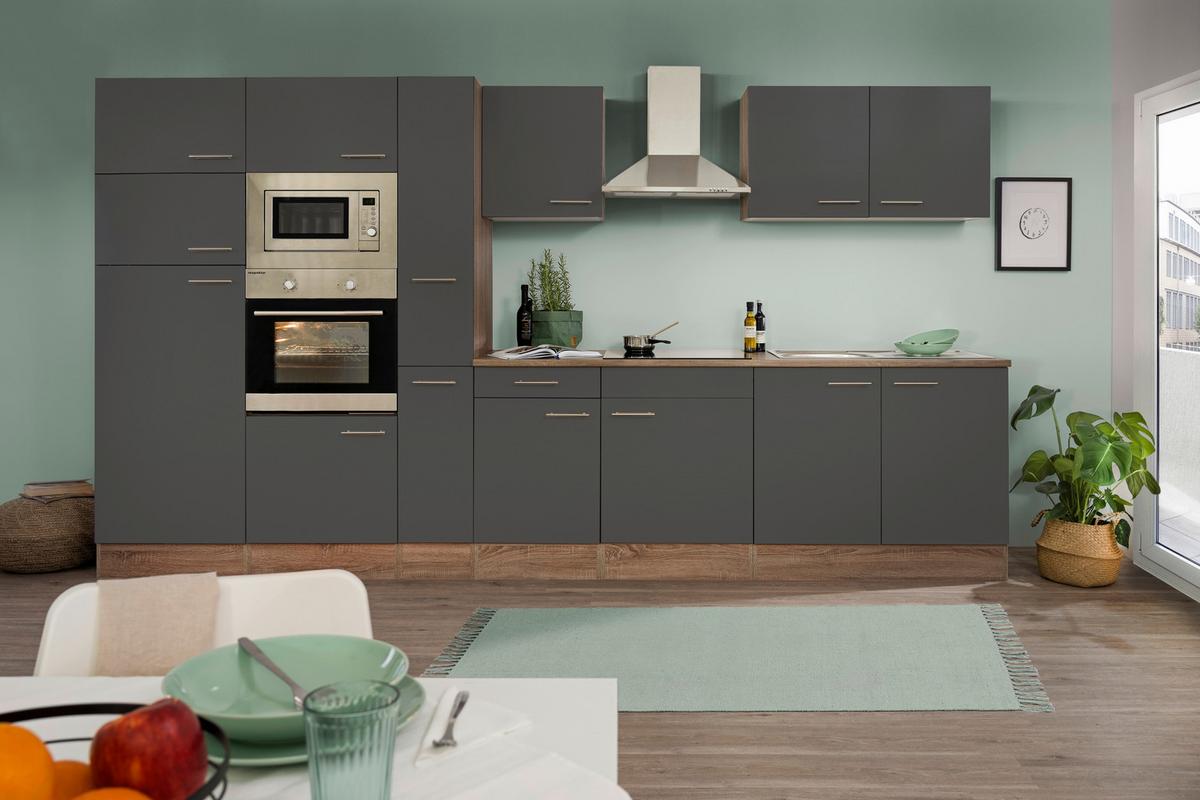 Küchenblock mit Geräten Grau/Eiche B: ca. 360 cm - Edelstahlfarben/Eichefarben, Design, Holzwerkstoff/Metall (360cm) - Respekta