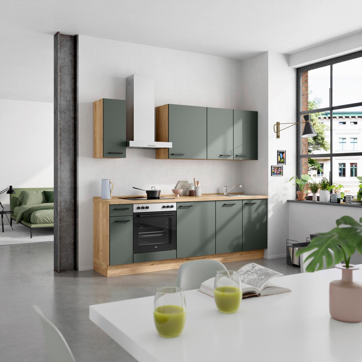 Küchenblock Easytouch Low m. Geräten Dunkelgrün - Dunkelgrün/Eichefarben, MODERN, Holzwerkstoff/Metall (240cm) - Nobilia