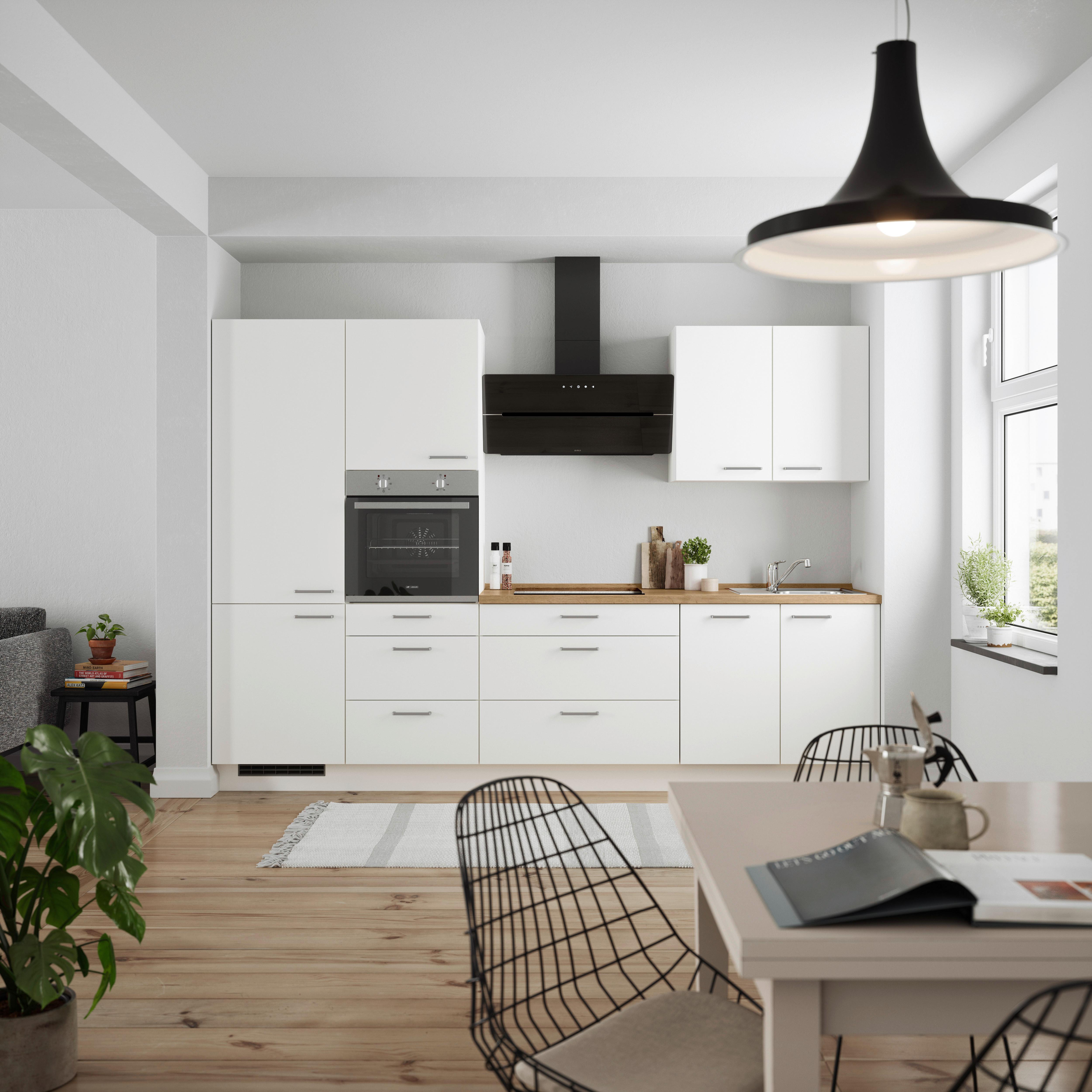 Küchenblock Touch High m. Geräten Weiß - Edelstahlfarben/Eichefarben, MODERN, Holzwerkstoff/Metall (300cm) - Nobilia