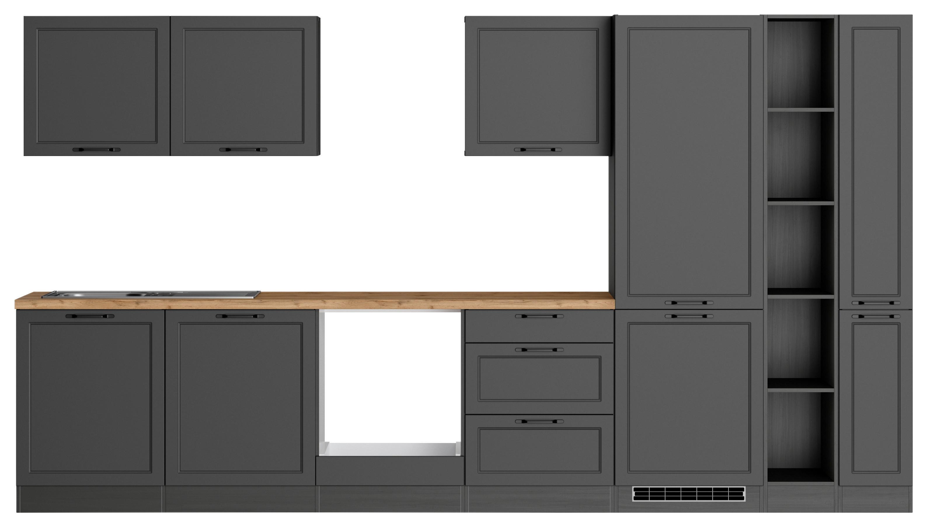 Küchenzeile Meran ohne Geräte ca. 360 cm Grau/Eiche - Eiche Wotan/Schwarz, LIFESTYLE, Holzwerkstoff/Metall (360cm) - Held