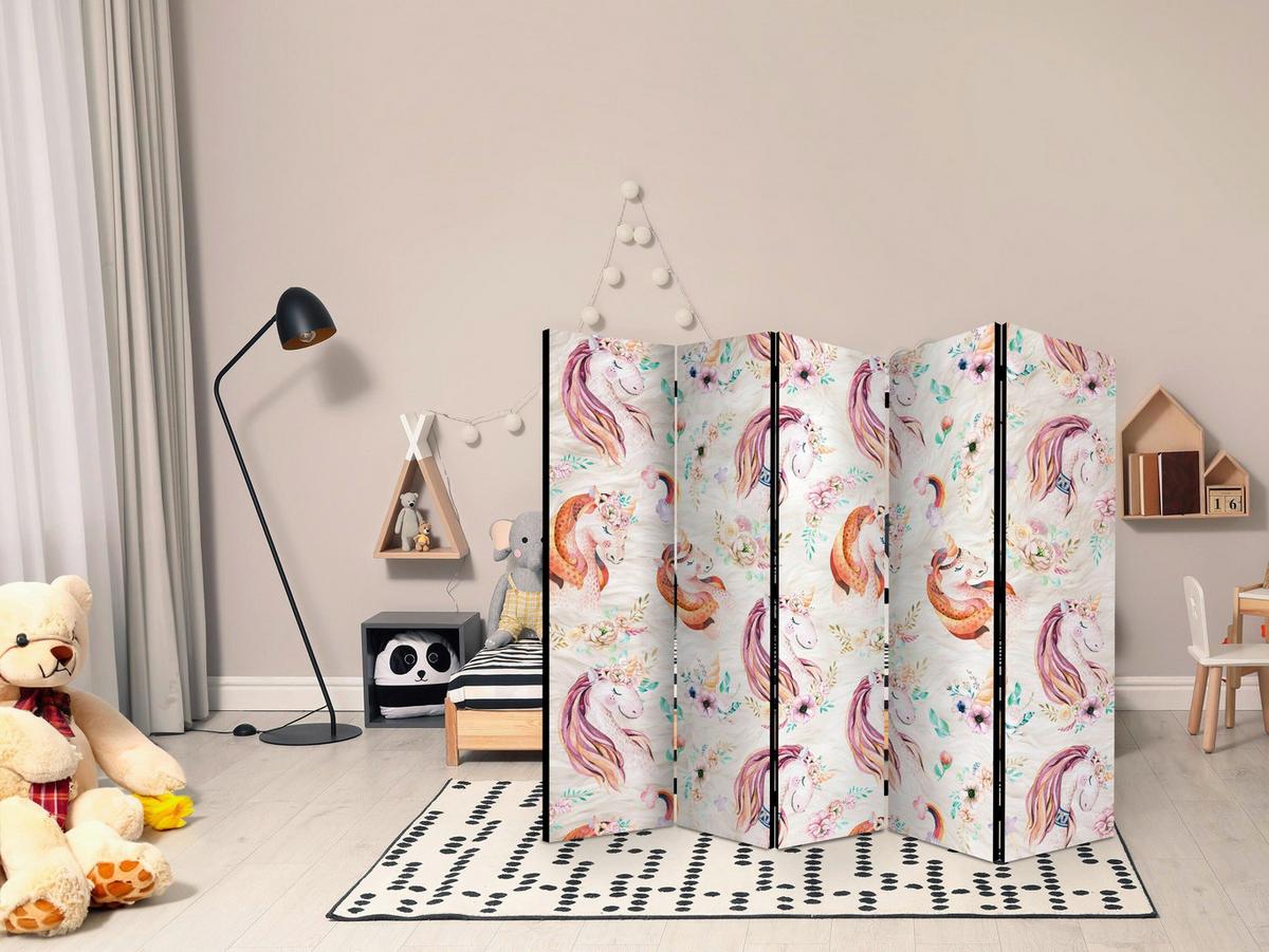 Paravan Pastel Unicorns I, 5-Delni, Dvostranski - večbarvno, Basics, tekstil/les (225/172/3cm) - artgeist