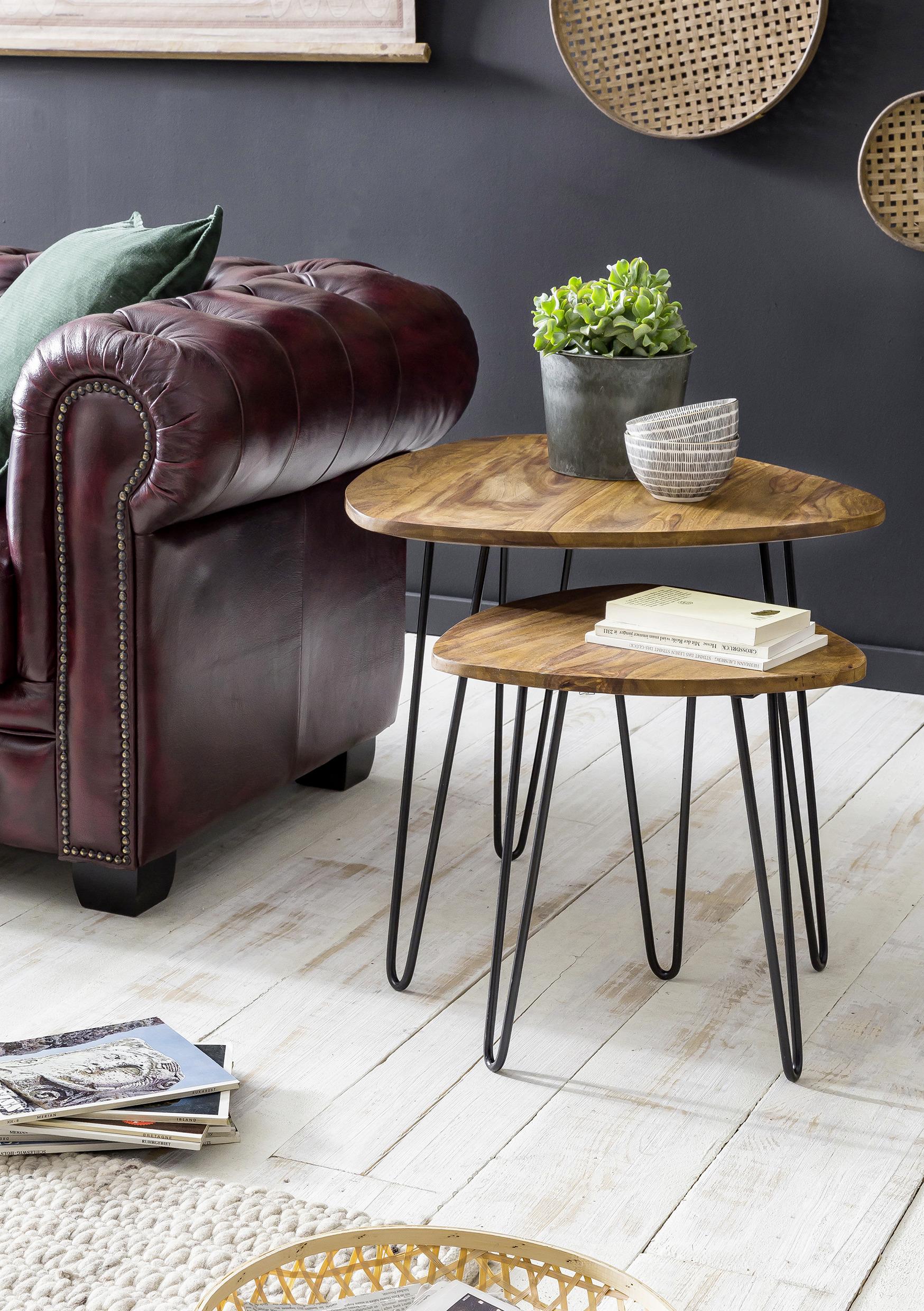 Satztisch "WL5.659" , aus Sheesham - Sheeshamfarben/Schwarz, Design, Holz/Metall (60/56/60cm) - MID.YOU