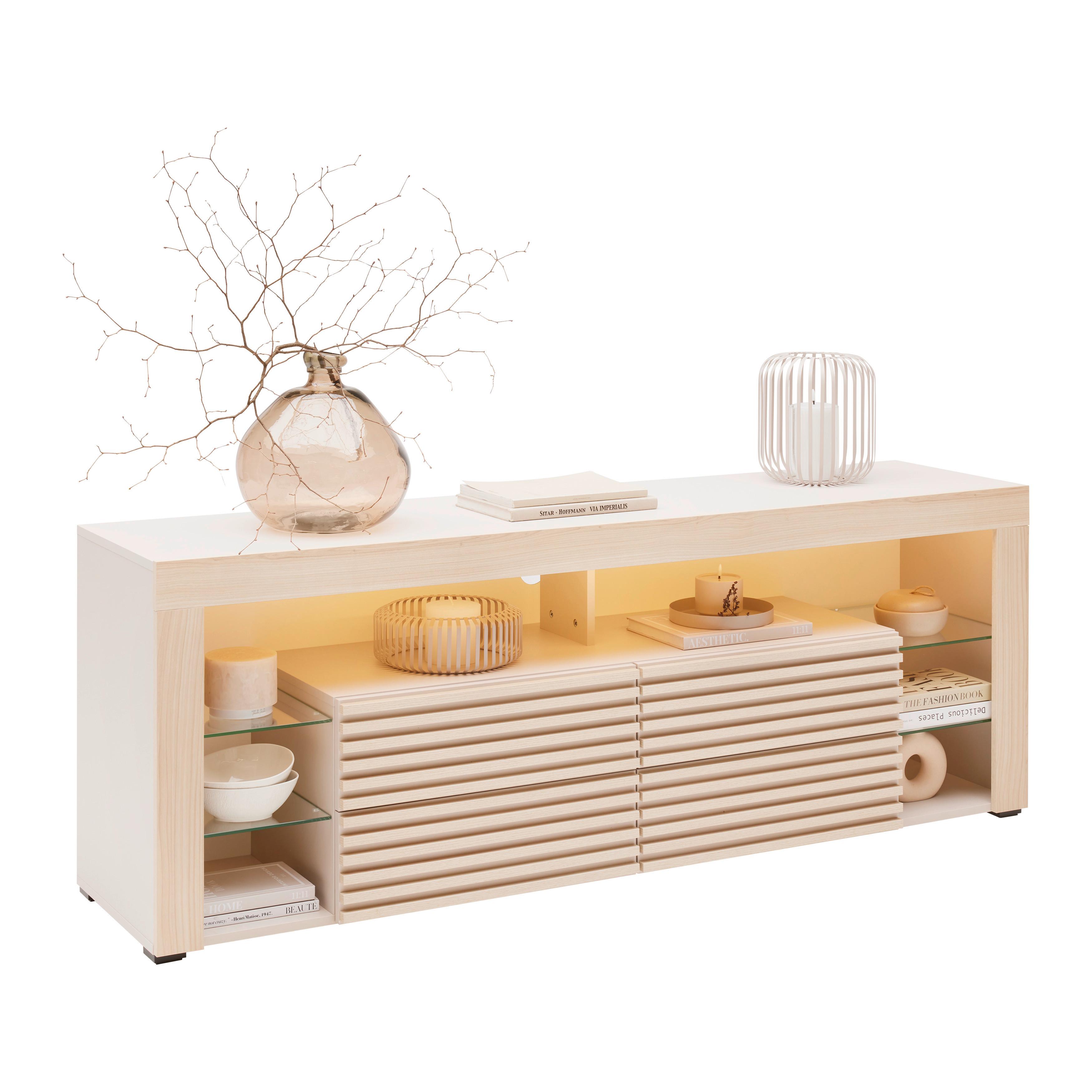Lowboard Riva Eiche/cashmere - Kaschmir/Eichefarben, Modern, Glas/Holzwerkstoff (179/67/44cm) - Based