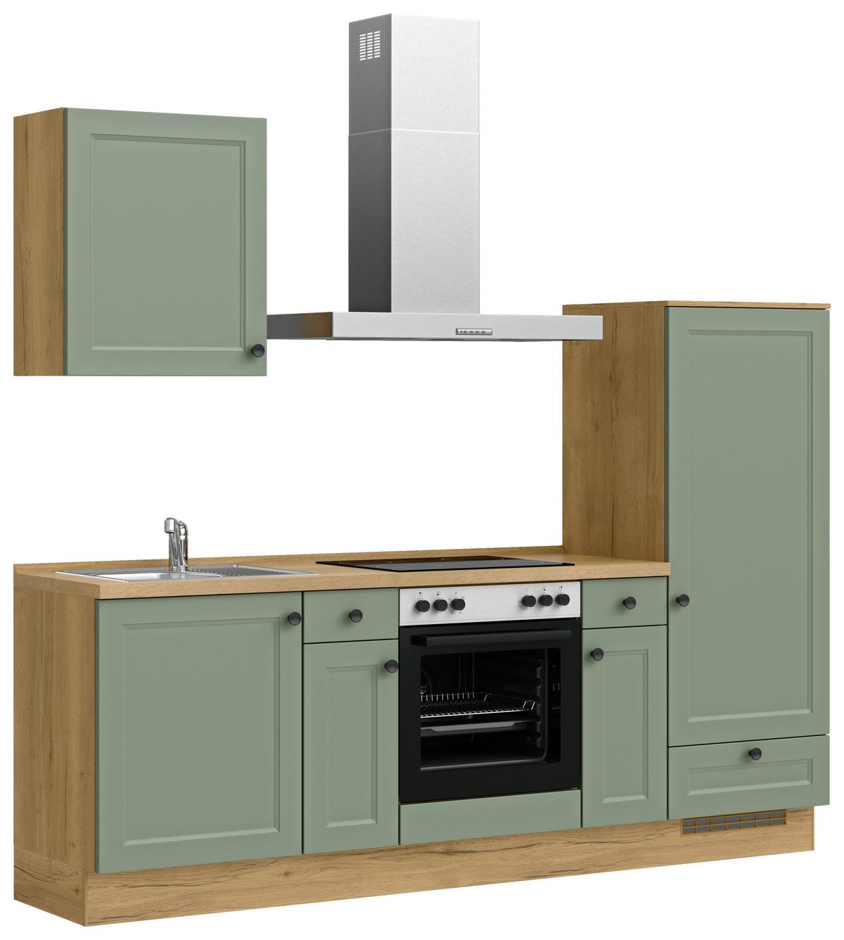 Küchenblock Cascada Low m. Geräten Schilfgrün - Schilfgrün/Eichefarben, MODERN, Holzwerkstoff/Metall (240cm) - Nobilia