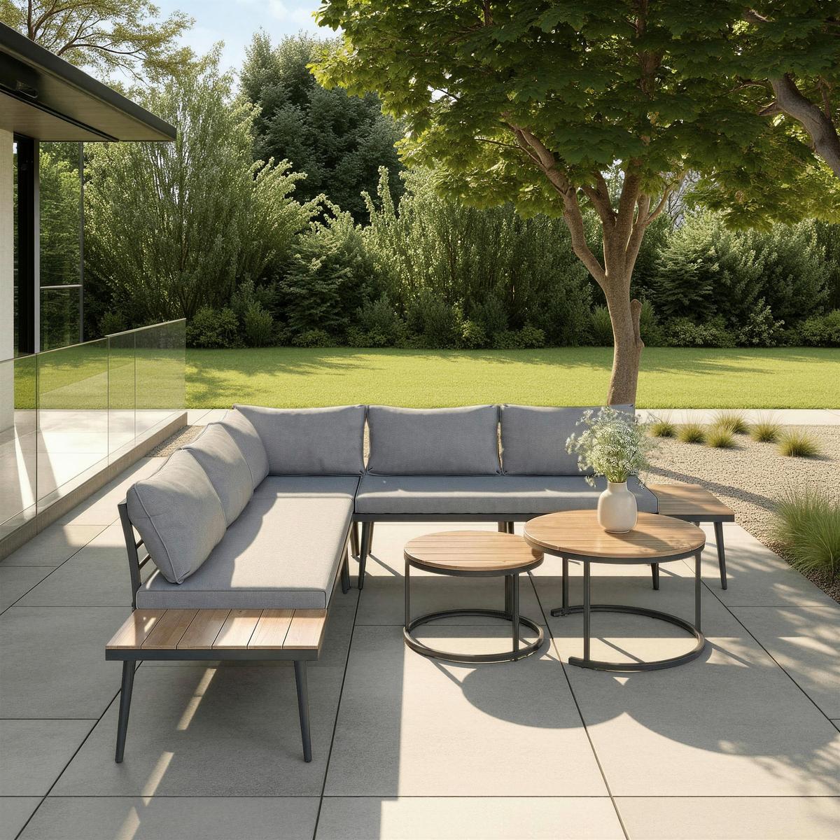 Loungegarnitur-Set Lorena Grau Akazie Metall/Outdoorstoff - Schwarz/Grau, MODERN, Holz/Textil (241/67/69cm) - Bessagi Garden