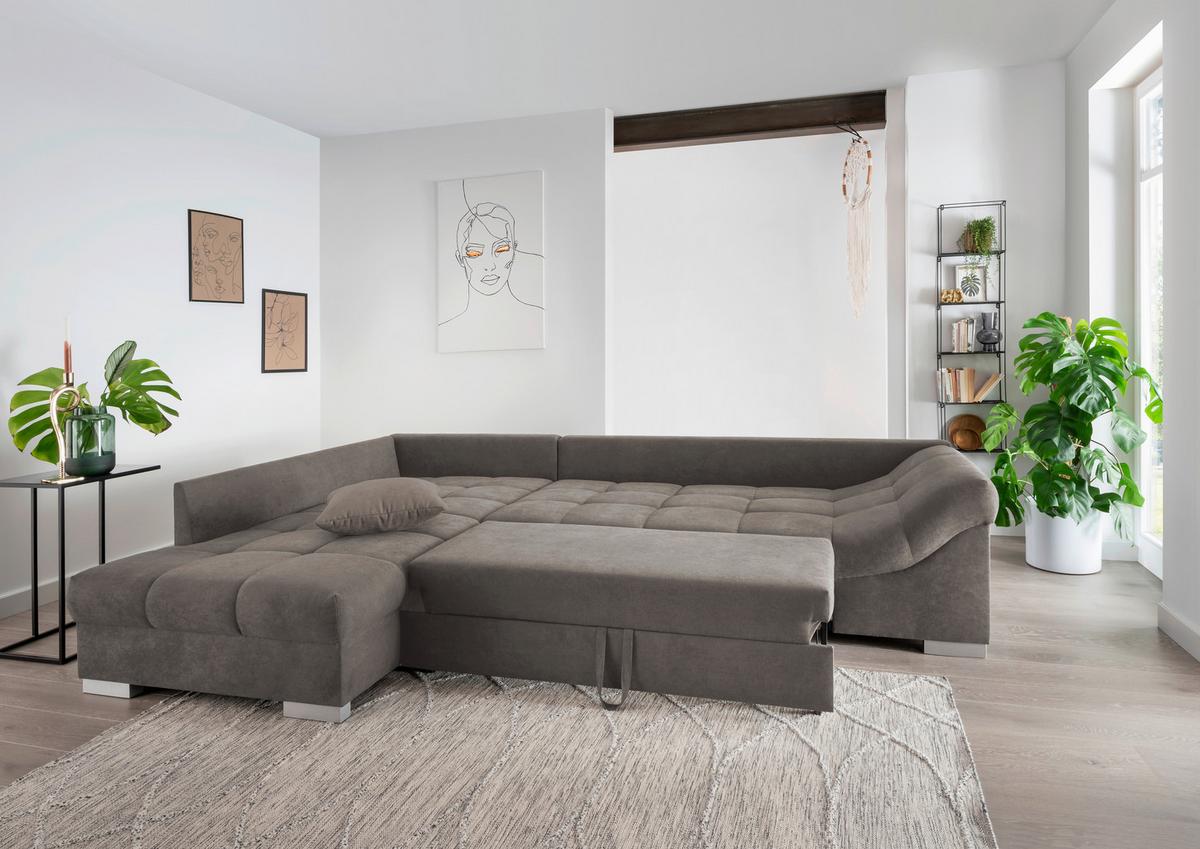 Wohnlandschaft Alvito Graubraun Nylon/Mikrofaser - Graubraun/Silberfarben, Design, Holz/Textil (202/298cm) - MID.YOU