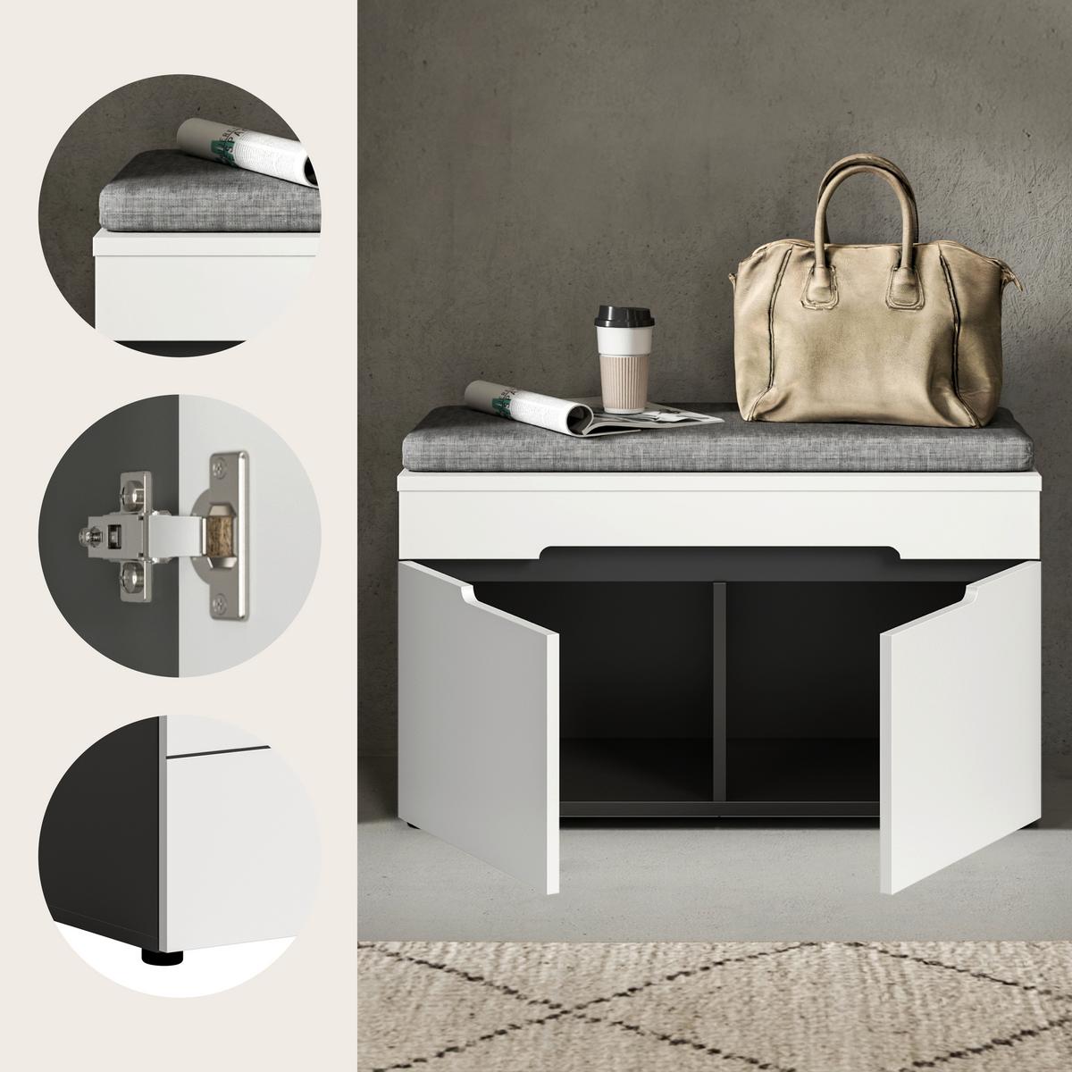 Garderobna Klop Canu, Bela, Siva, Z Blazino - siva/črna, Design, umetna masa/tekstil (80/45/37cm) - Livetastic