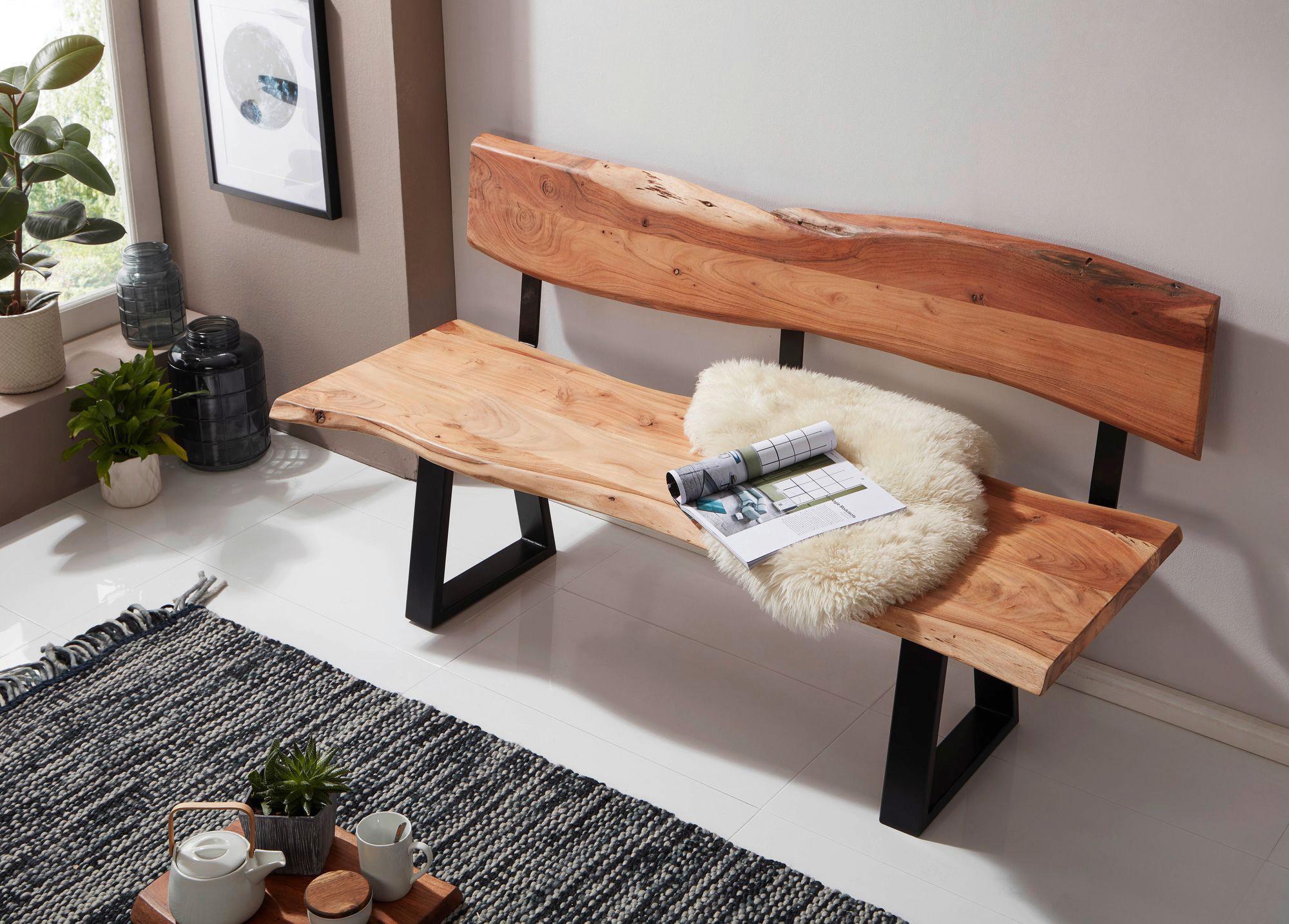 Sitzbank "Gaya", aus Akazie, akaziefarben - Schwarz/Akaziefarben, MODERN, Holz/Metall (160/83,5/60cm) - MID.YOU
