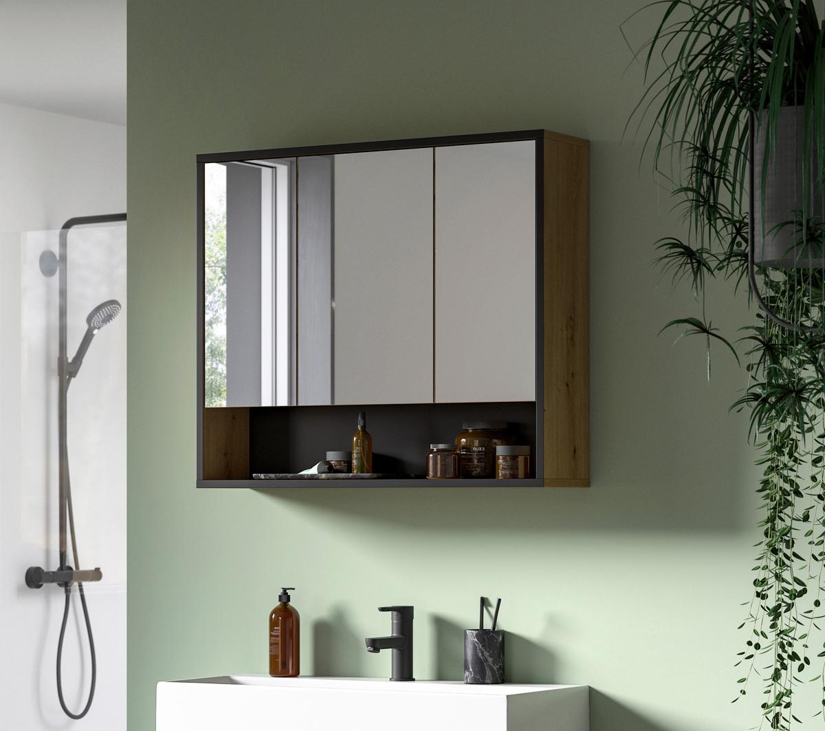 Spiegelschrank Bagno Eiche Artisan/Schwarz - Trend, Glas/Holzwerkstoff (80/68/19cm) - MID.YOU