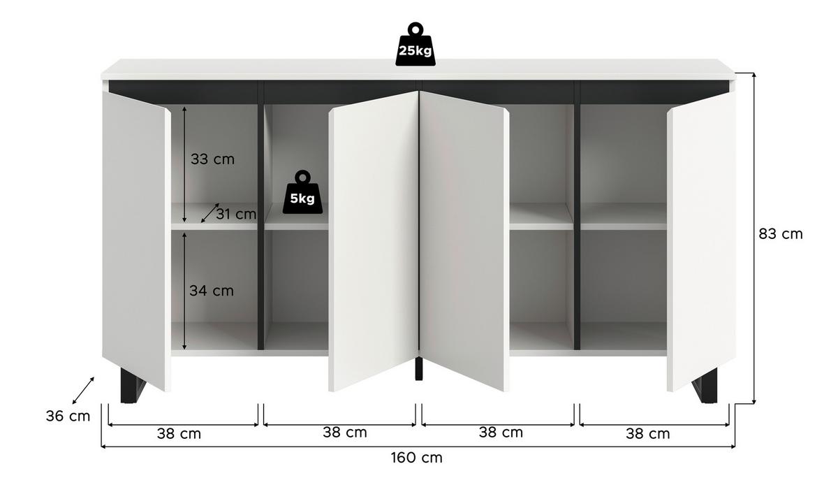 Široka Komoda Tomasa, Bela, Črna - črna/bela, Design, kovina/leseni material (160/84/36cm) - Livetastic